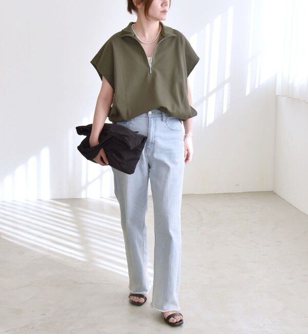 quaranciel「quaranciel:〈洗濯機可能〉ライト ポンチ ハーフジップ フレンチスリーブ TEE」|Tシャツ・カットソー|