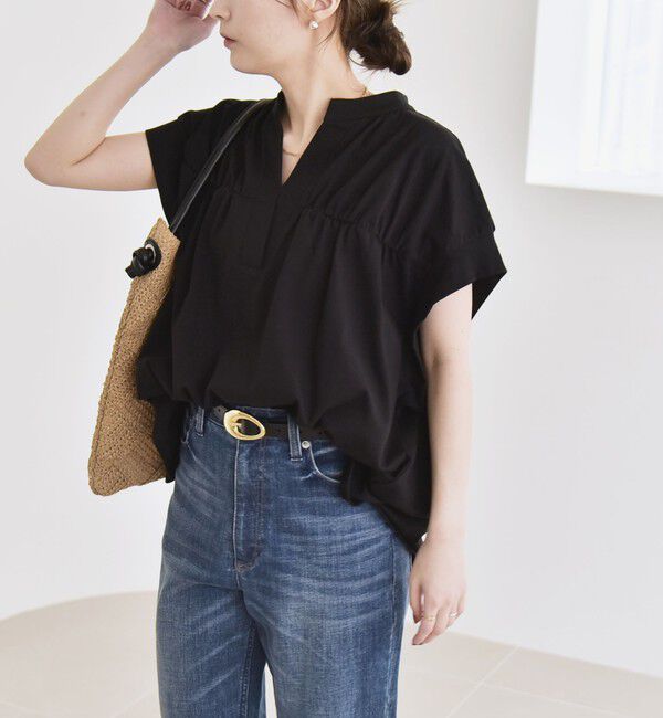 quaranciel「quaranciel:〈手洗い可能〉ギャザー スキッパー バンドカラー プルオーバー」|Tシャツ・カットソー|