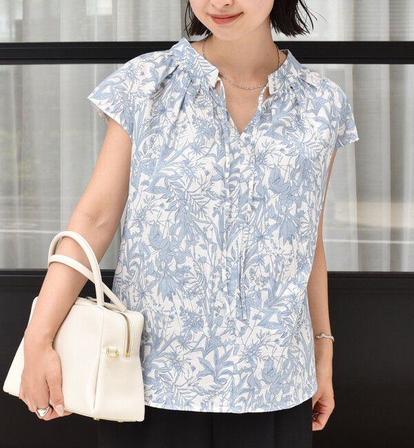 SHIPS for women「〈手洗い可能〉綿 ローン ボタニカル プリント フレンチ スリーブ ブラウス」|シャツ・ブラウス|ブルー系
