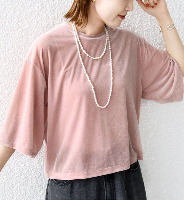 SHIPS for women「〈手洗い可能〉シアー トリコット ポリエステル ベロア 五分袖 ワイド TEE」|Tシャツ・カットソー|