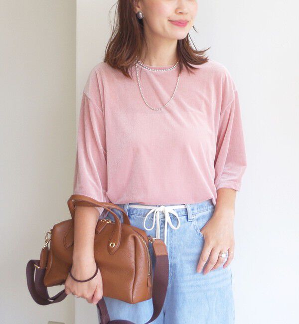 SHIPS for women「〈手洗い可能〉シアー トリコット ポリエステル ベロア 五分袖 ワイド TEE」|Tシャツ・カットソー|