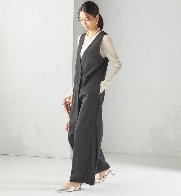 SHIPS for women「little black: 〈洗濯機可能〉ストレッチ ツイル フロント釦  Vネック オールインワン（セレモニー対応可）」|オールインワン|