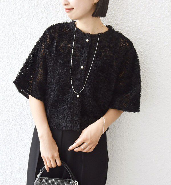 SHIPS for women「little black:〈手洗い可能〉パール 釦 フリル チュール 半袖 ブラウス」|シャツ・ブラウス|