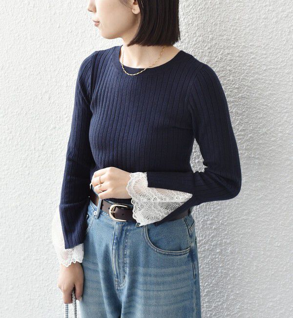 SHIPS Colors 「SHIPS Colors:〈手洗い可能〉レース カット オフ ワイド リブ ニット」|ニット・セーター|
