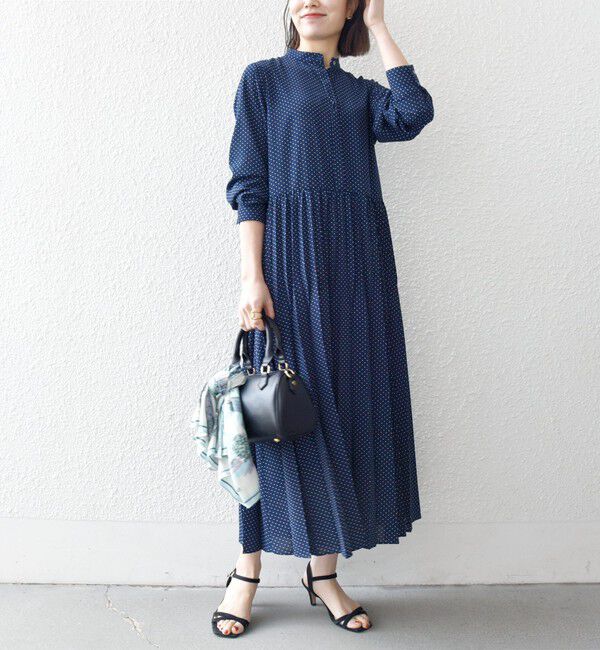 SHIPS any「《追加予約》SHIPS any:〈手洗い可能〉ドット バンドカラー プリーツ ロング ワンピース」|ワンピース|
