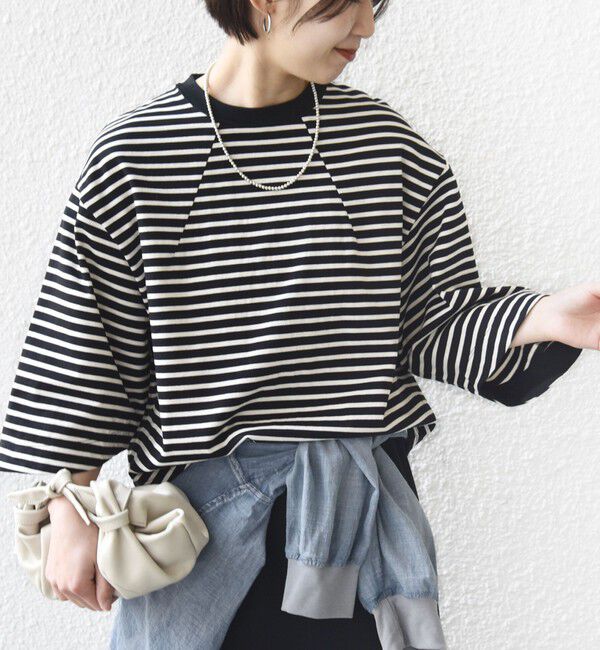 SHIPS for women「バスク ボーダー / 無地 5分袖 TEE」|Tシャツ・カットソー|ブラック