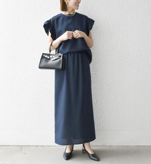 SHIPS any「《予約》SHIPS any:〈洗濯機可能〉リネンライク ブラウス &times; タイトスカート セットアップ」|ワンピース|ネイビー