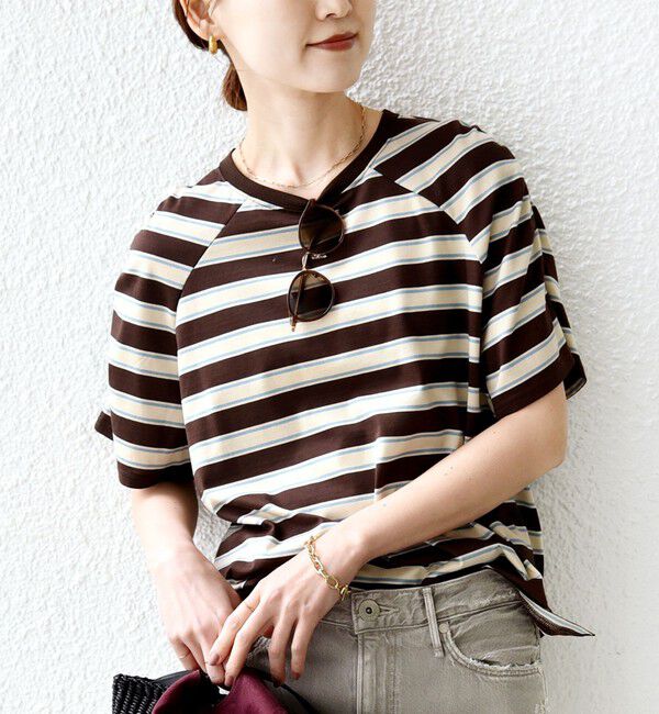 SHIPS for women「《予約》〈手洗い可能〉ボーダー / ソリッド 袖ギャザー ショートスリーブ プルオーバー」|Tシャツ・カットソー|ブラウン