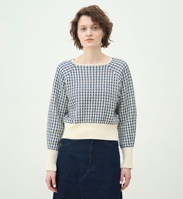 MACPHEE「ギマコットンチェック スクエアネックプルオーバー」|ニット・セーター|