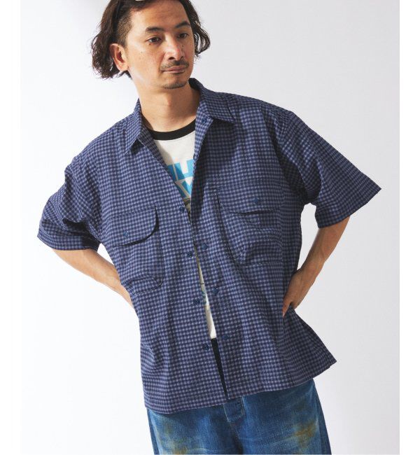 JOURNAL STANDARD relume「ストレッチ サッカー ミニ チェック 半袖 シャツ」|シャツ・ブラウス|ネイビー