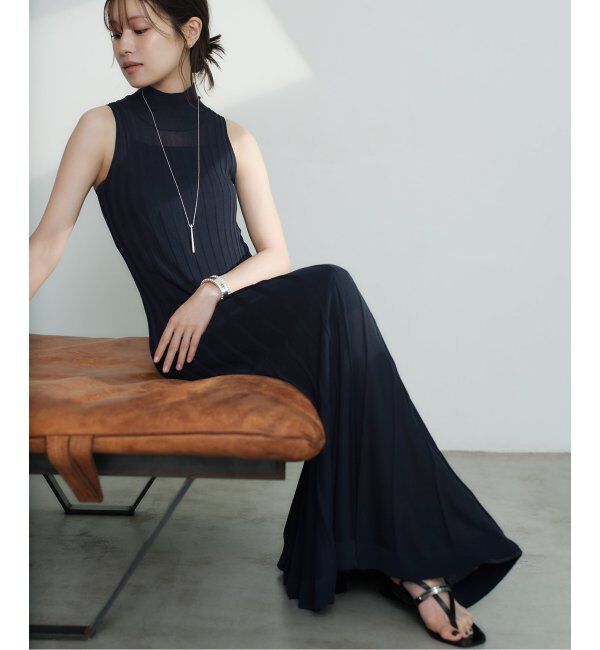 NOBLE「【NOBLE&times;L'AUBE BLANC】シアーワイドリブニットワンピース」|ワンピース|ネイビー