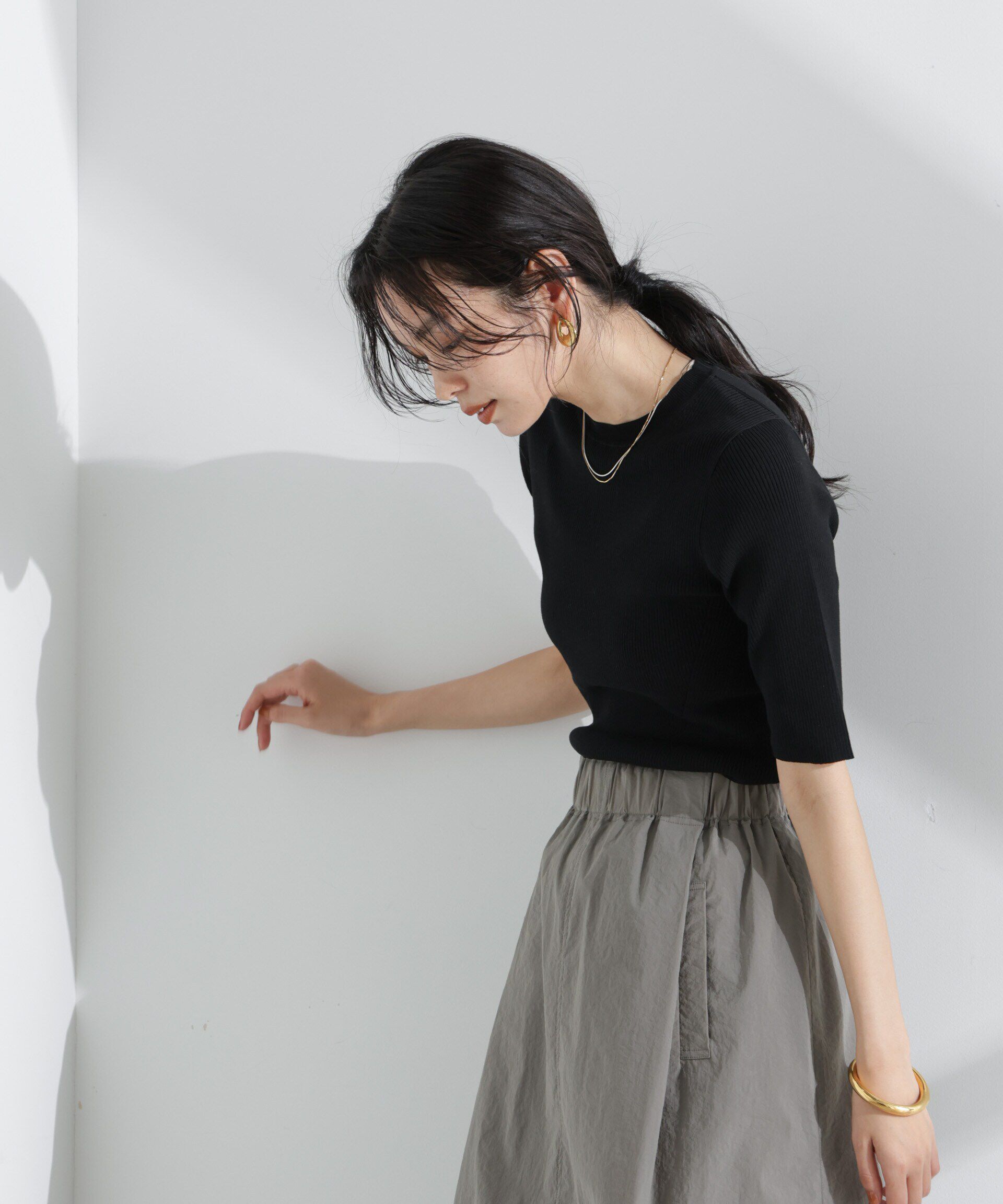 nano･universe「ウォッシャブルハイツイスト五分袖リブニット」|ニット・セーター|