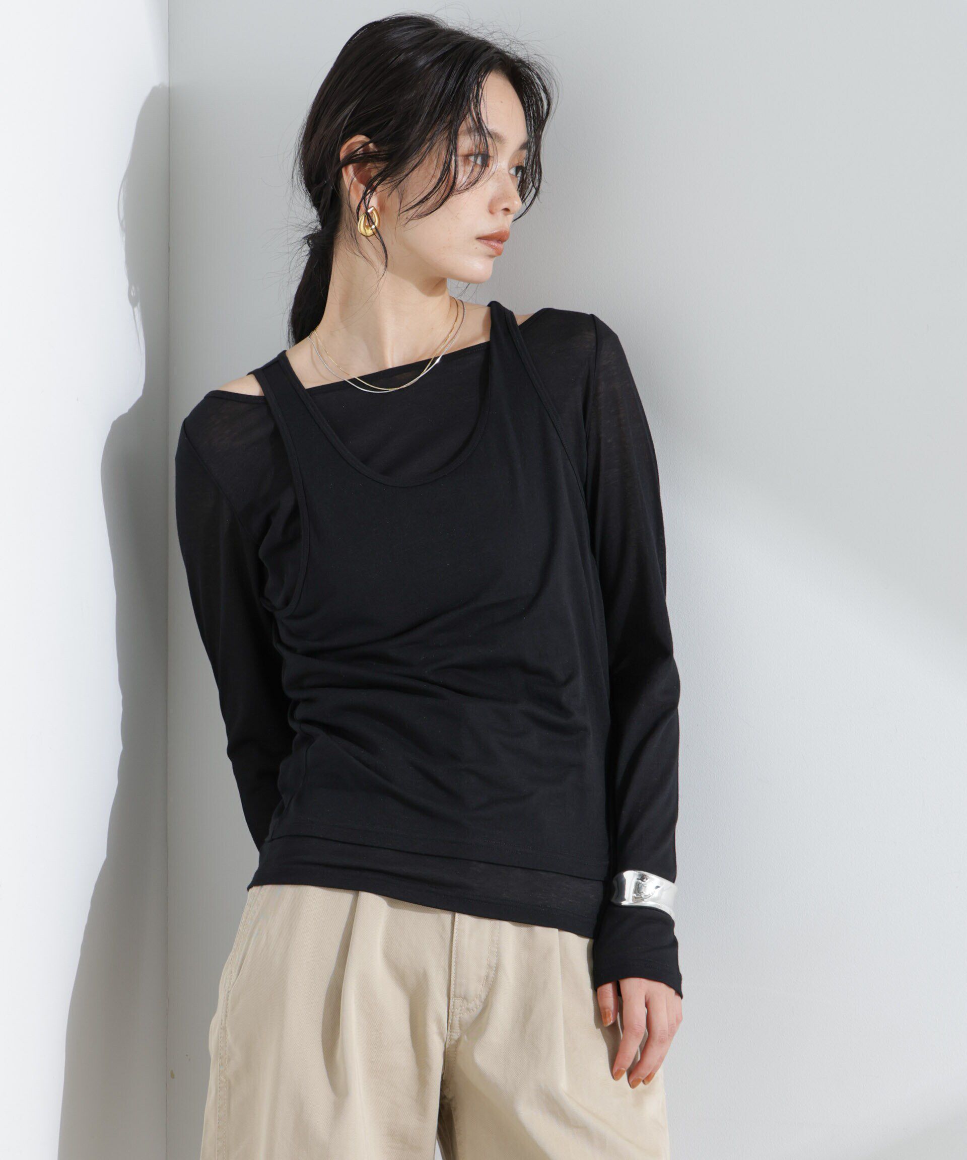 nano･universe「シアータンクトップ＋ロンTレイヤードセット」|Tシャツ・カットソー|ブラック