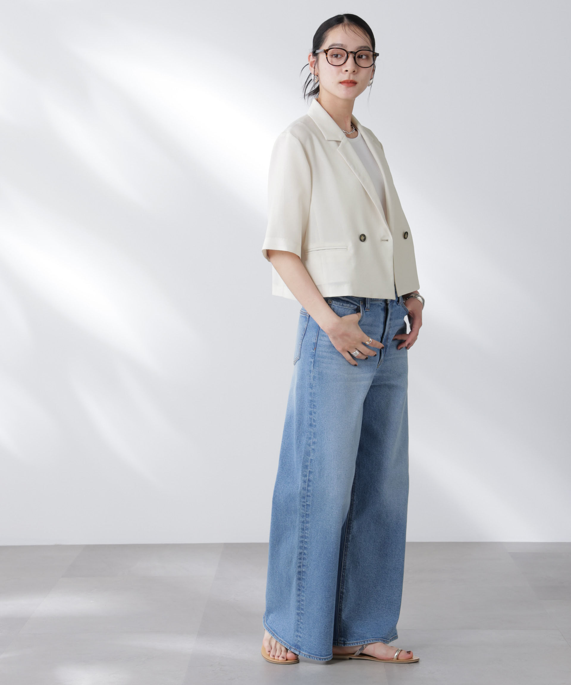 nano･universe「メランジドライ 半袖ショートダブルジャケット(セットアップ可)」|テーラードジャケット|