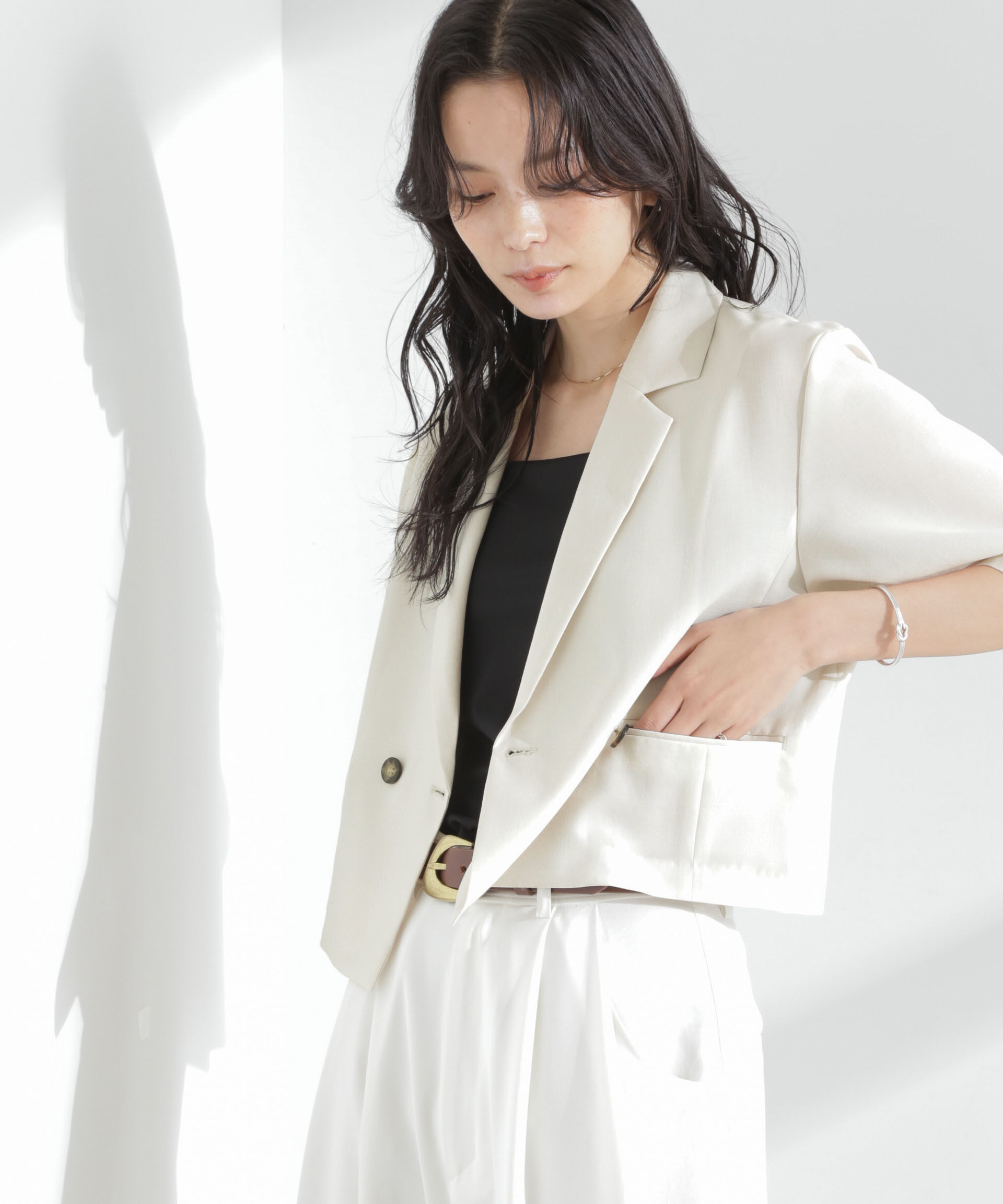 nano･universe「メランジドライ 半袖ショートダブルジャケット(セットアップ可)」|テーラードジャケット|