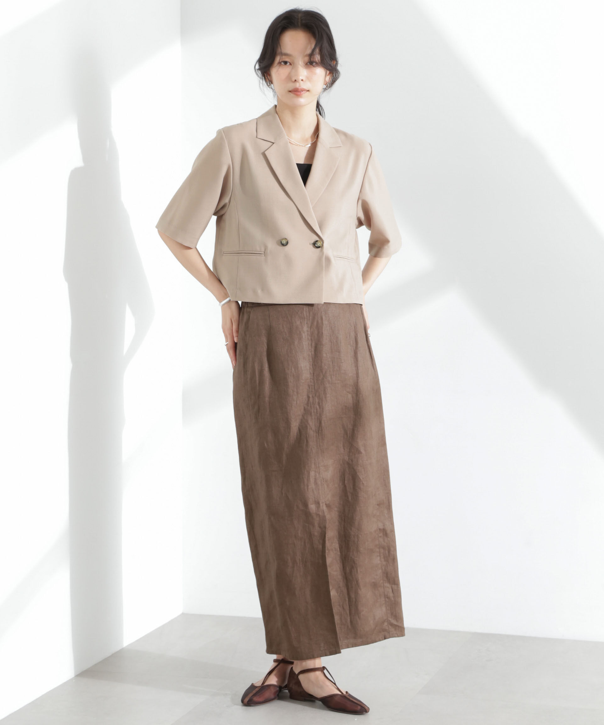 nano･universe「メランジドライ 半袖ショートダブルジャケット(セットアップ可)」|テーラードジャケット|