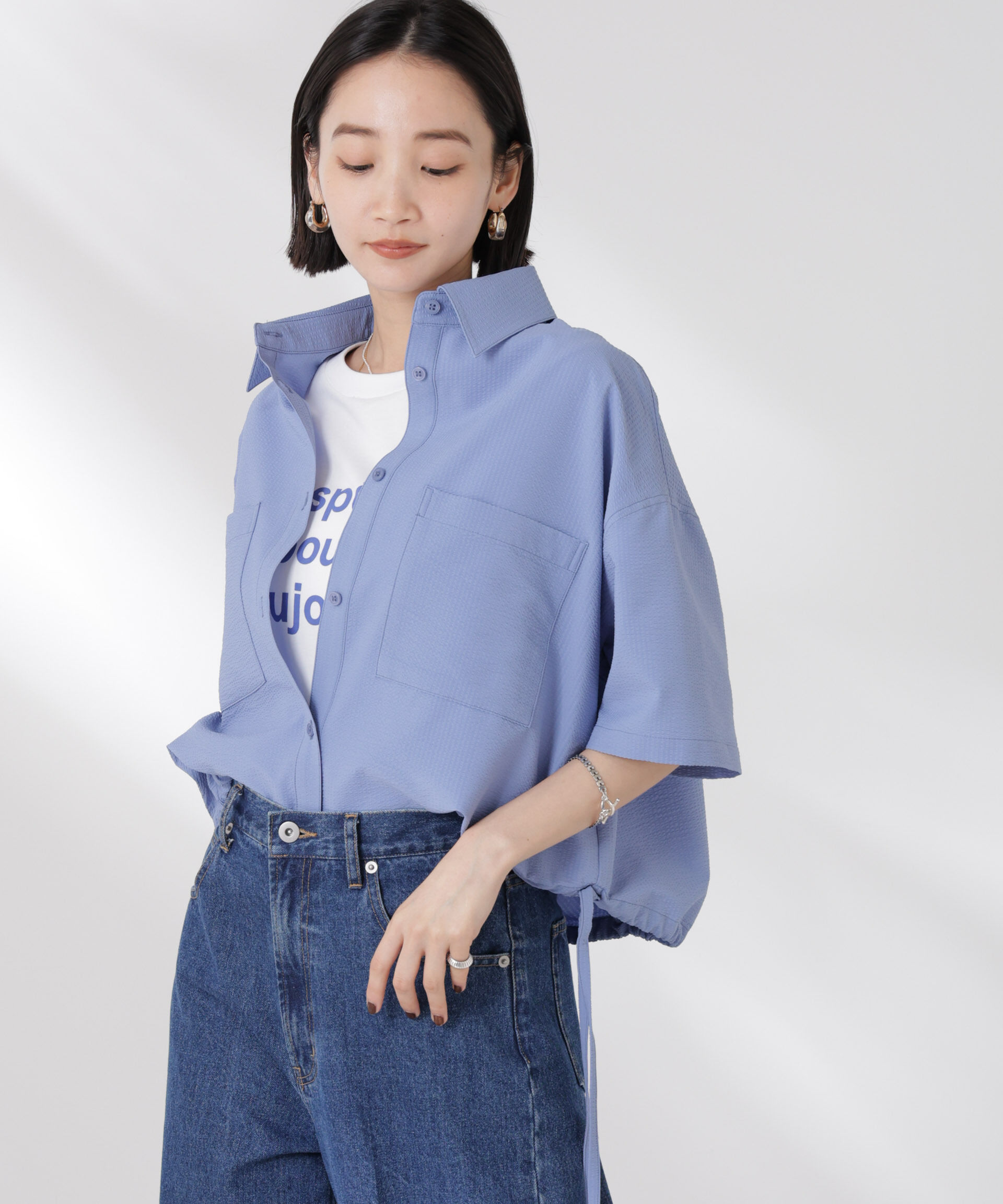 nano･universe「ドロストリボンヘムクロップドサッカーシャツ(セットアップ可)」|シャツ・ブラウス|ブルー