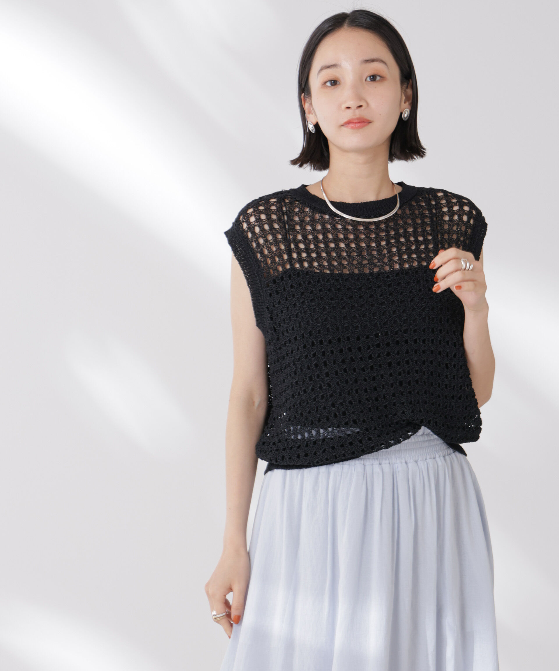 nano･universe「テープヤーンメッシュニットベスト」|ニット・セーター|ブラック