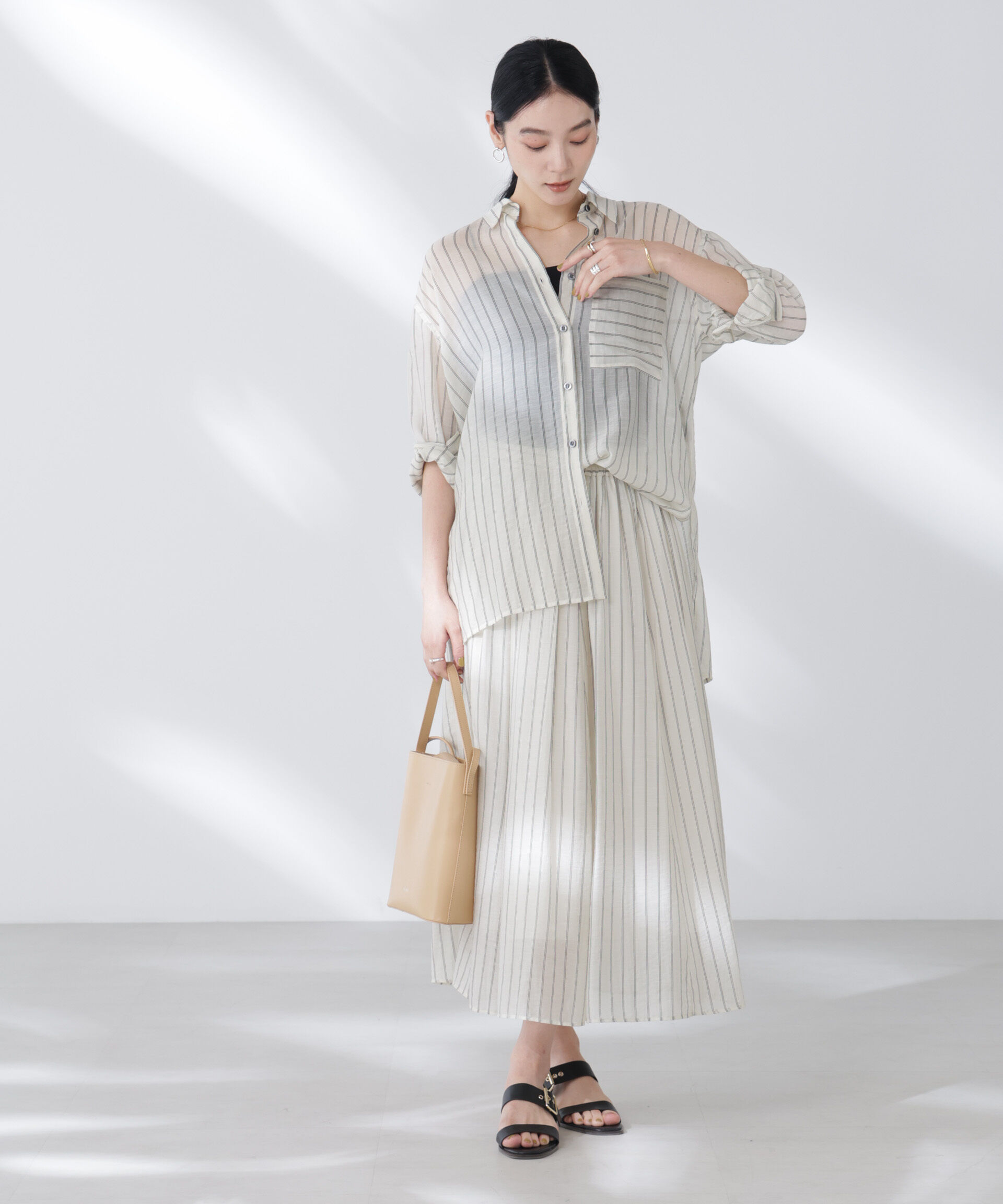 nano･universe「シアーストライプオーバーサイズロングシャツ(セットアップ可)」|シャツ・ブラウス|