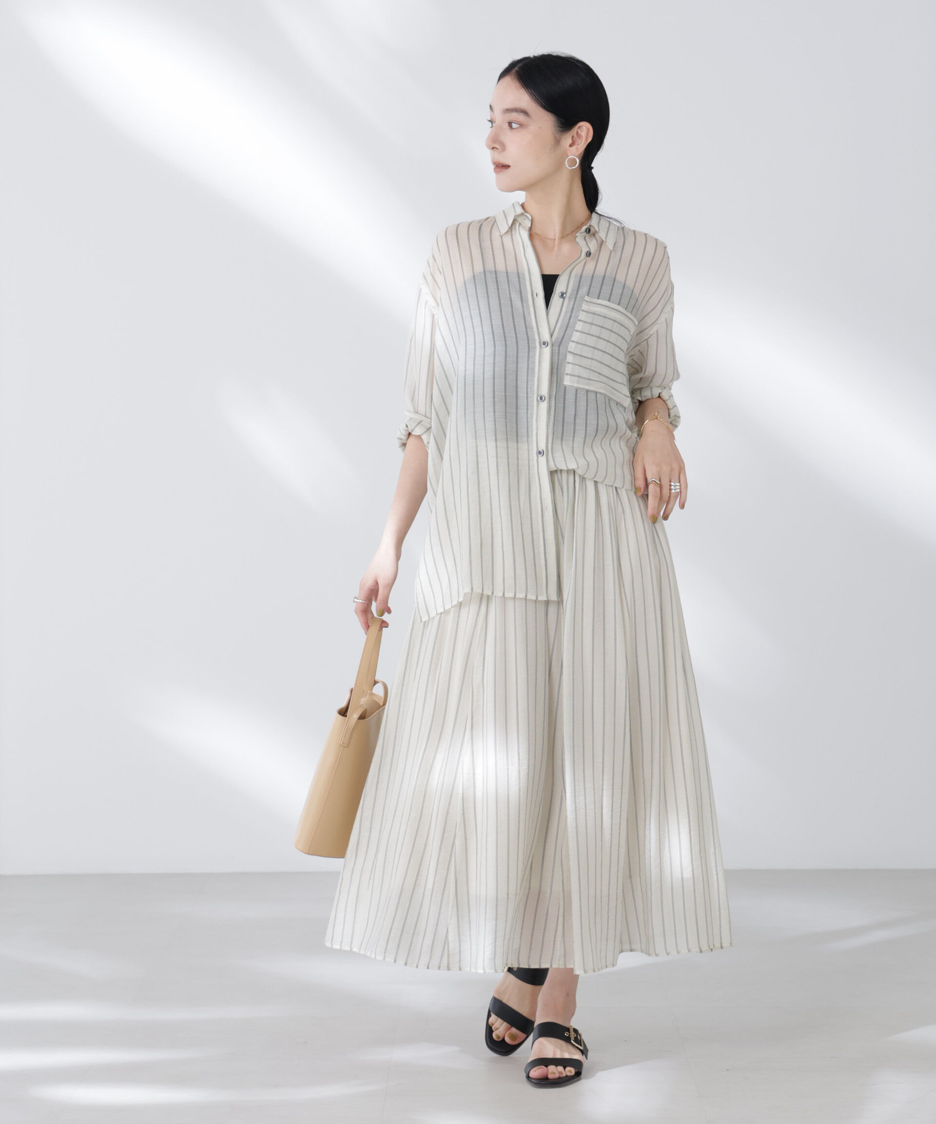 nano･universe「シアーストライプオーバーサイズロングシャツ(セットアップ可)」|シャツ・ブラウス|