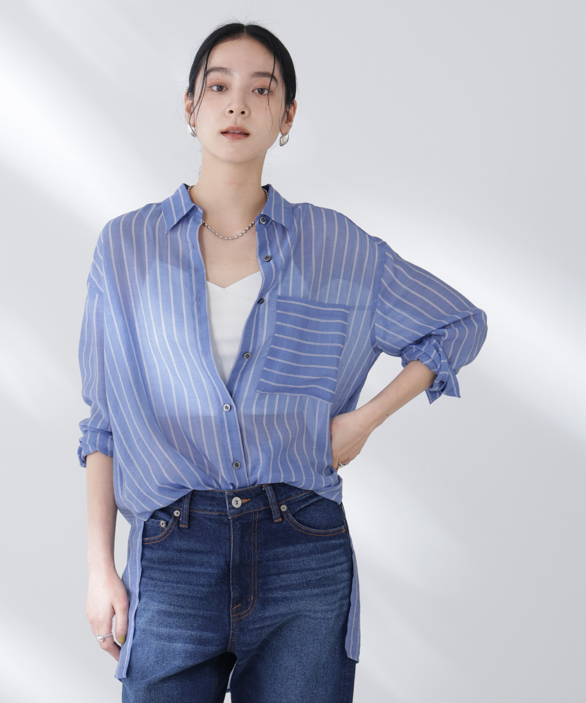nano･universe「シアーストライプオーバーサイズロングシャツ(セットアップ可)」|シャツ・ブラウス|