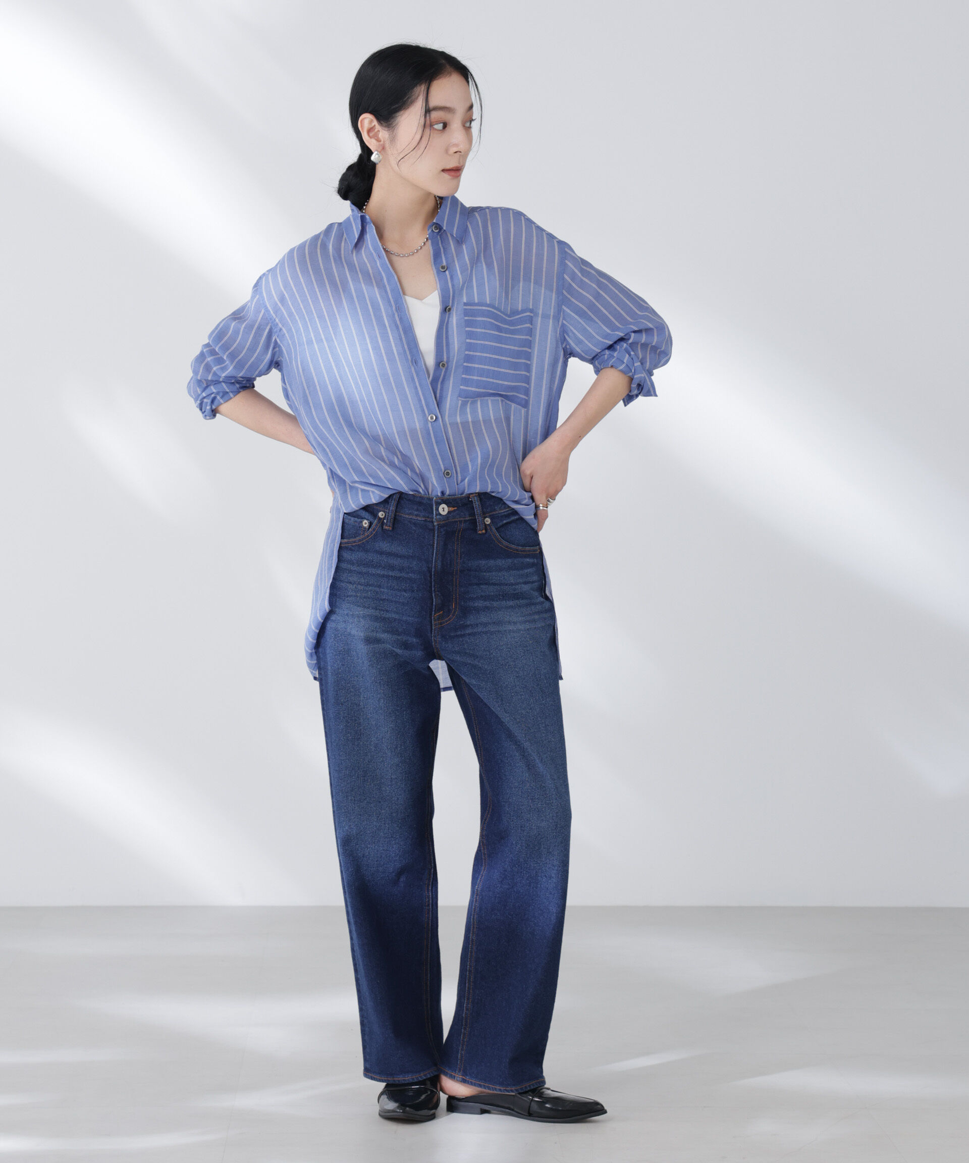 nano･universe「シアーストライプオーバーサイズロングシャツ(セットアップ可)」|シャツ・ブラウス|