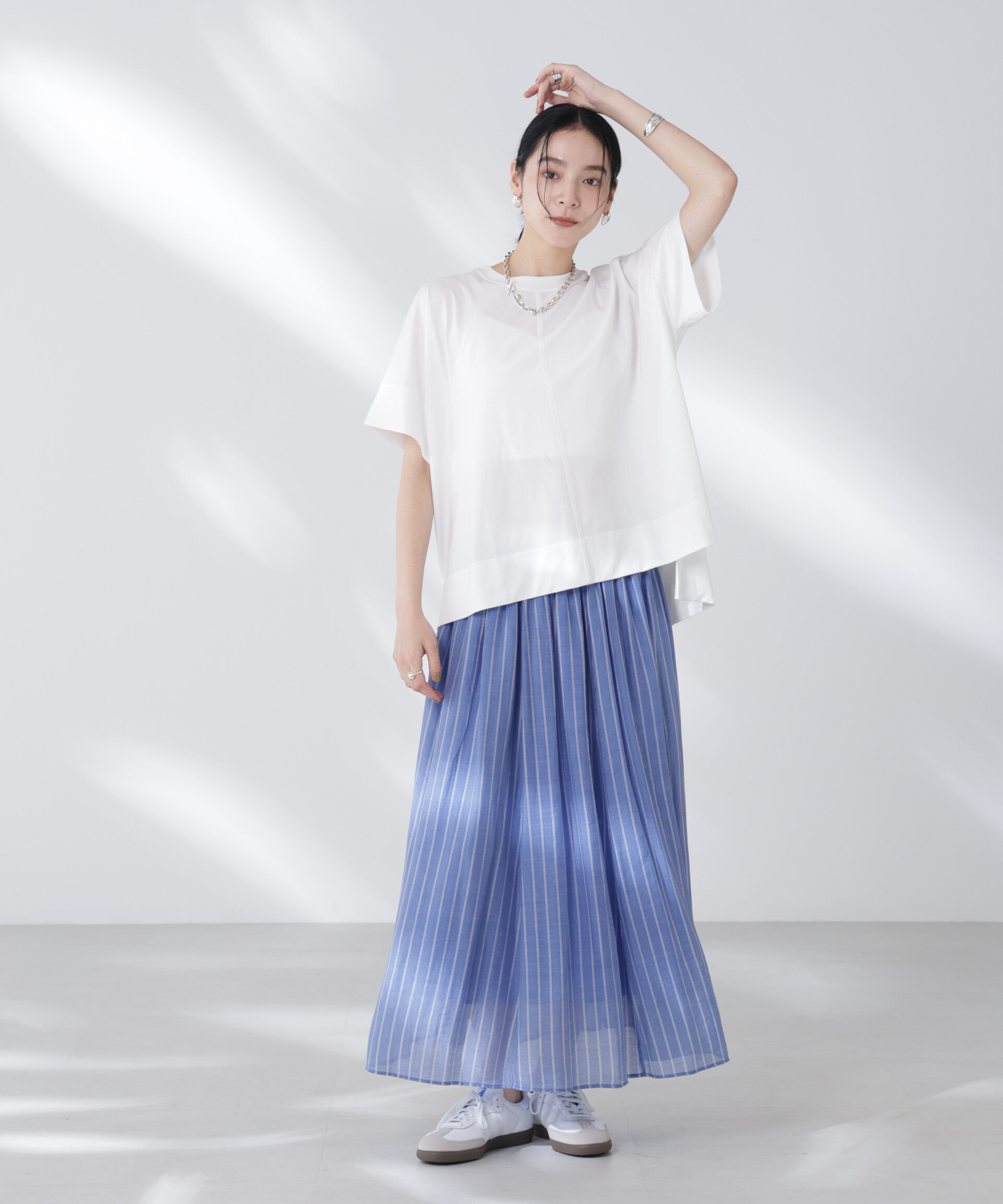 nano･universe「シアーストライプギャザーフレアスカート(セットアップ可)」|スカート|