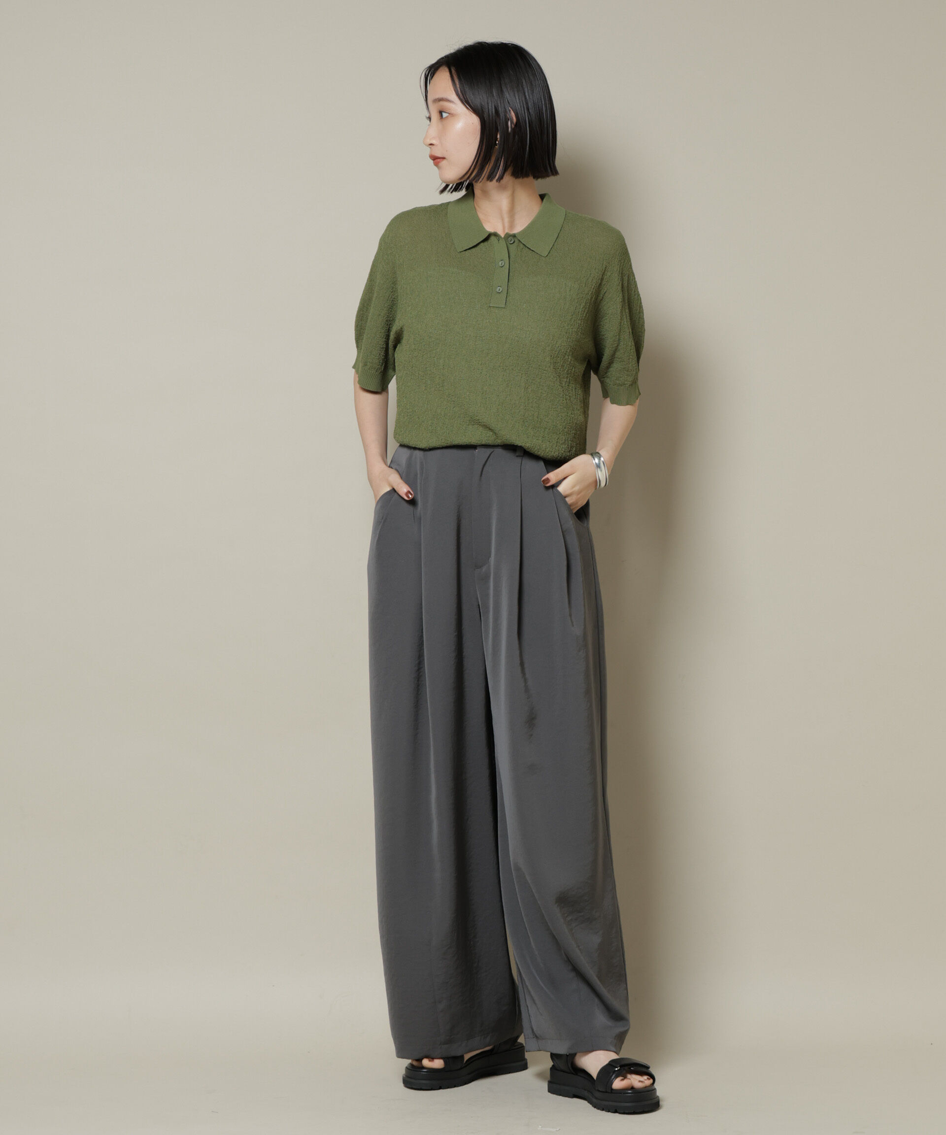 nano･universe「梨地半袖ポロニット」|ニット・セーター|