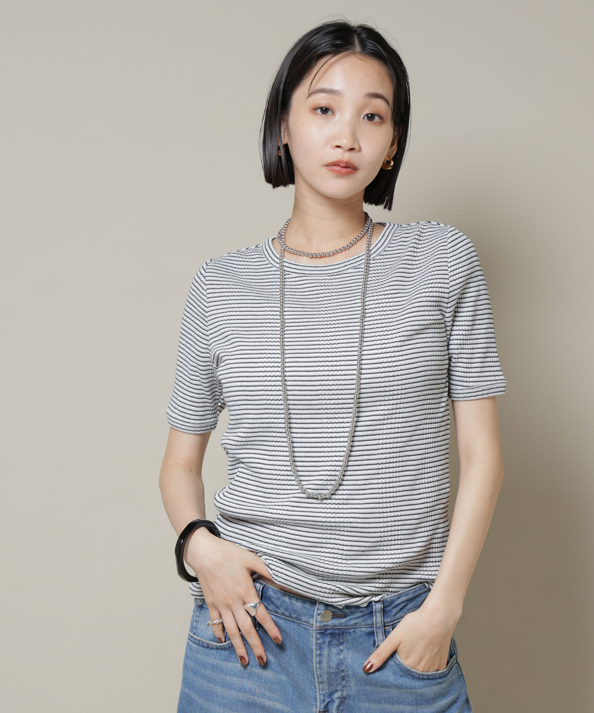 nano･universe「マルチボーダーテレコリブカットトップス」|Tシャツ・カットソー|ホワイト