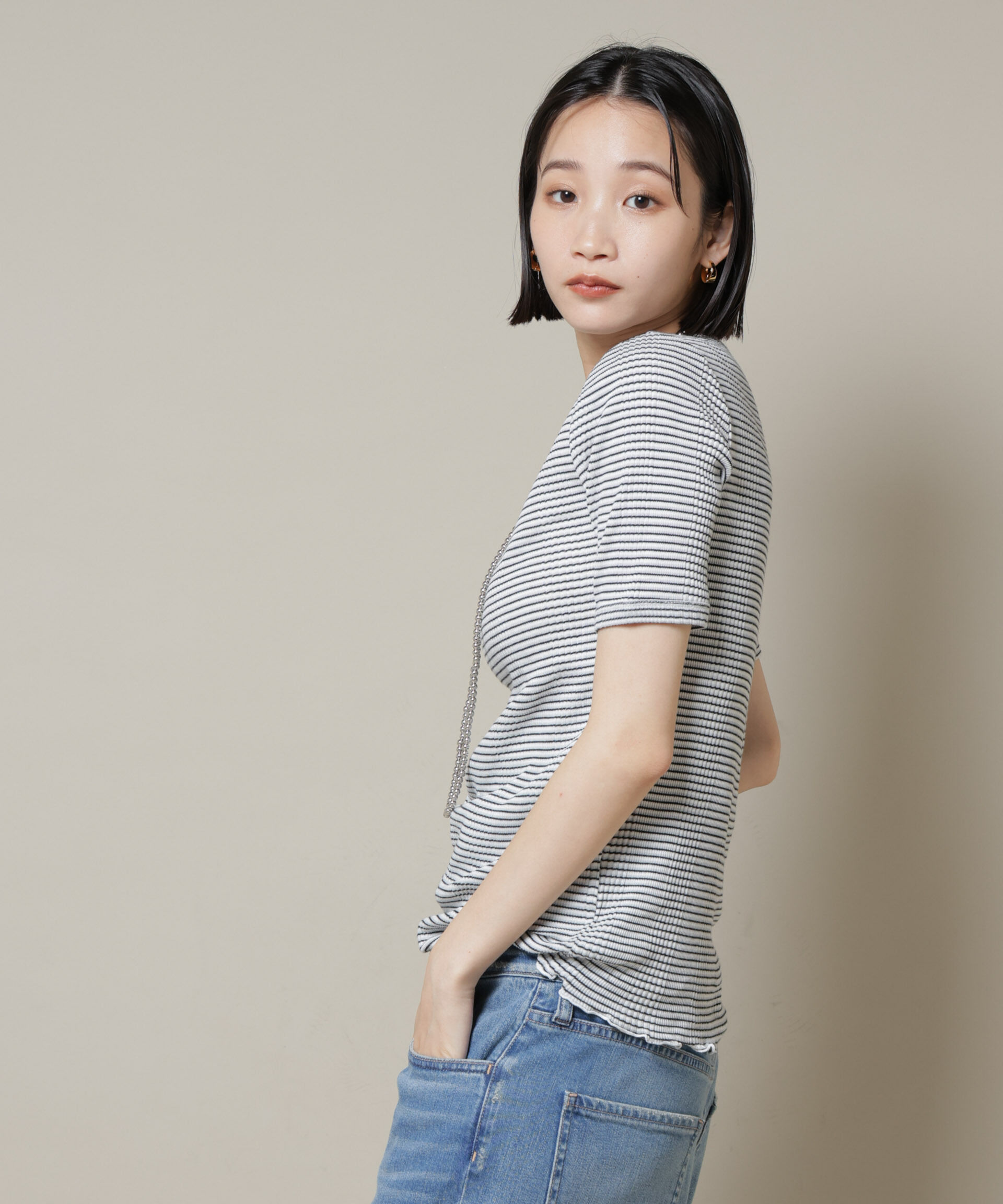 nano･universe「マルチボーダーテレコリブカットトップス」|Tシャツ・カットソー|