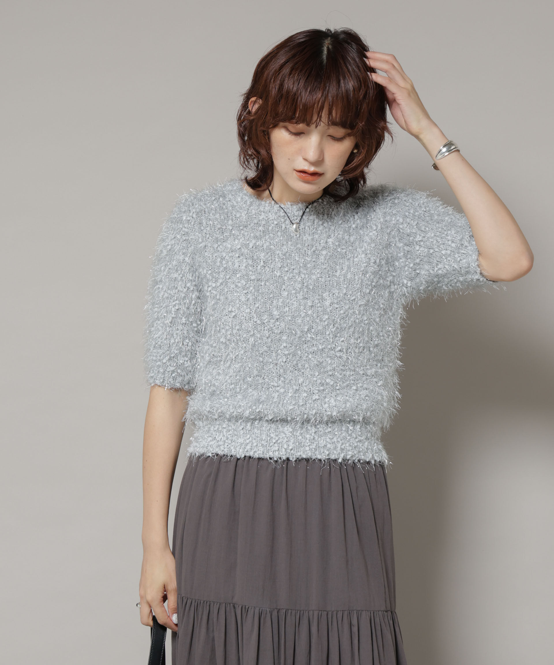 nano･universe「シャギーラメコンパクト半袖ニット」|ニット・セーター|