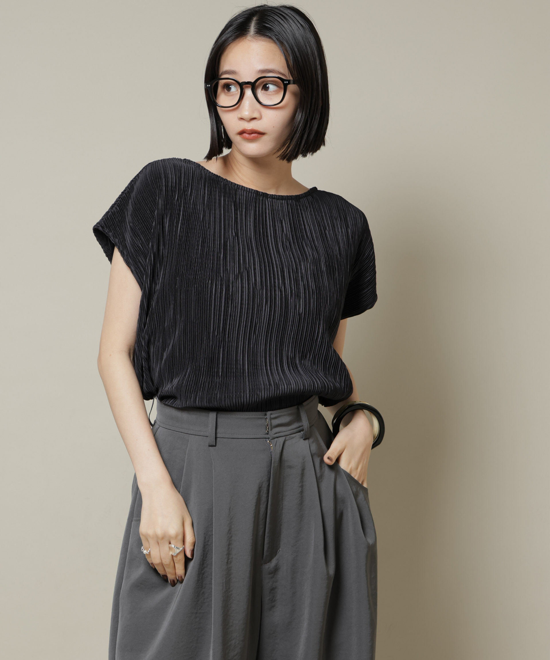 nano･universe「ランダムプリーツカットフレンチスリーブトップス(セットアップ可)」|Tシャツ・カットソー|