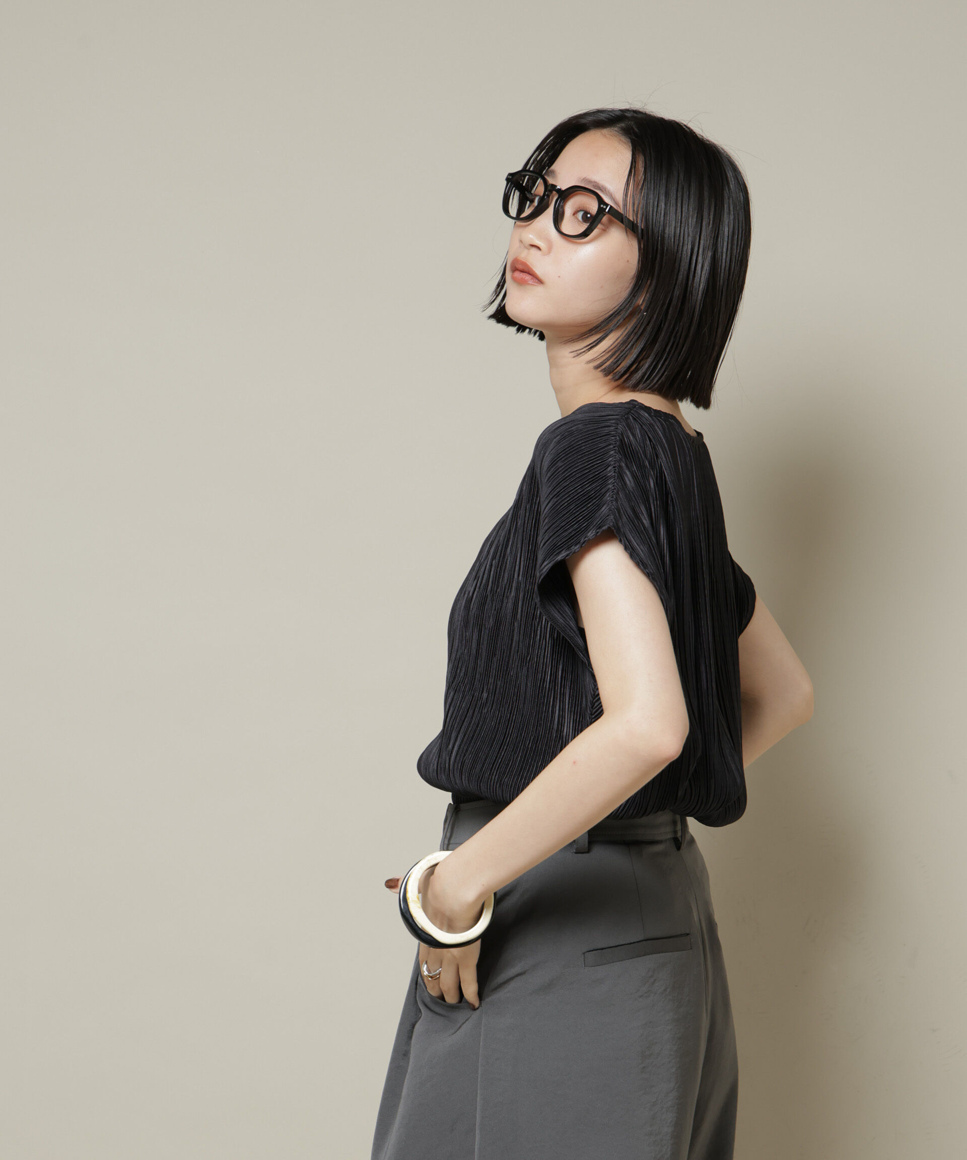 nano･universe「ランダムプリーツカットフレンチスリーブトップス(セットアップ可)」|Tシャツ・カットソー|