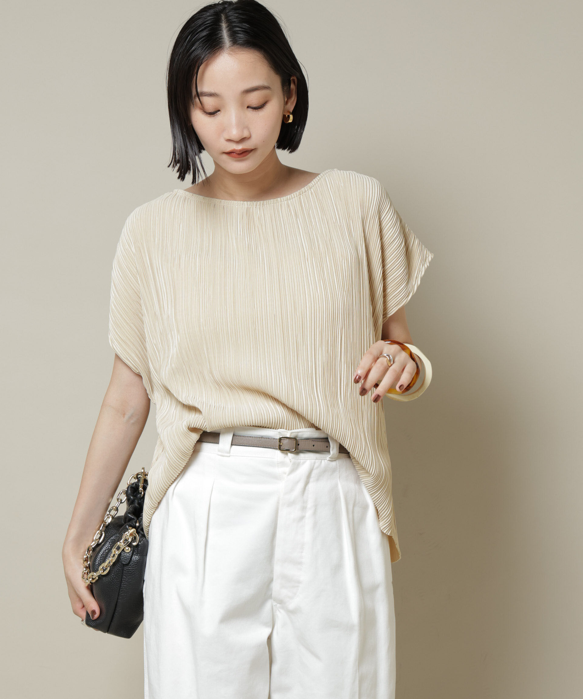 nano･universe「ランダムプリーツカットフレンチスリーブトップス(セットアップ可)」|Tシャツ・カットソー|ベージュ