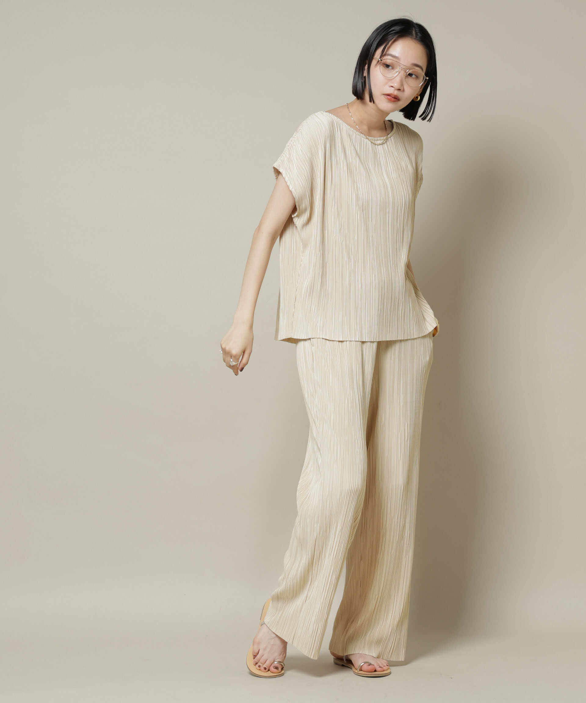 nano･universe「ランダムプリーツカットフレンチスリーブトップス(セットアップ可)」|Tシャツ・カットソー|