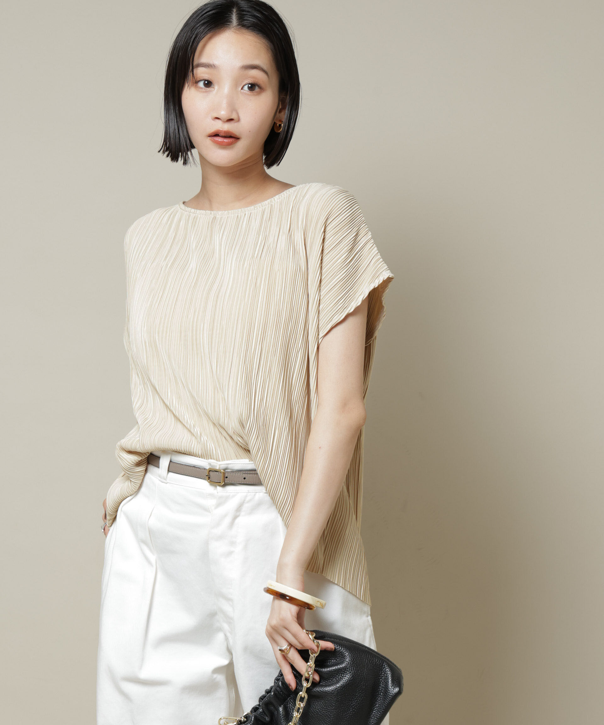 nano･universe「ランダムプリーツカットフレンチスリーブトップス(セットアップ可)」|Tシャツ・カットソー|