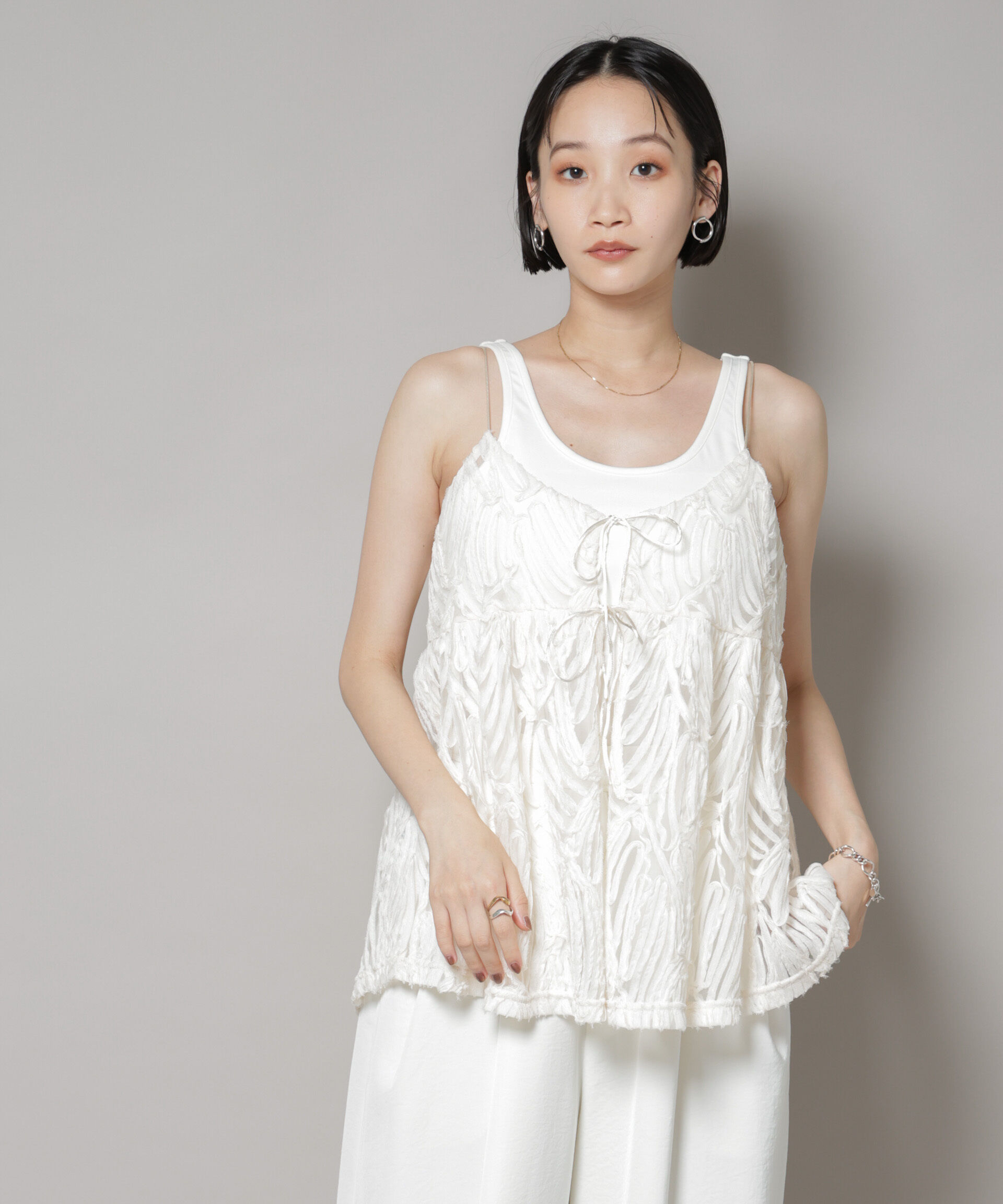 nano･universe「テープ刺繍チュール前後2wayキャミソールビスチェ(セットアップ可)」|シャツ・ブラウス|