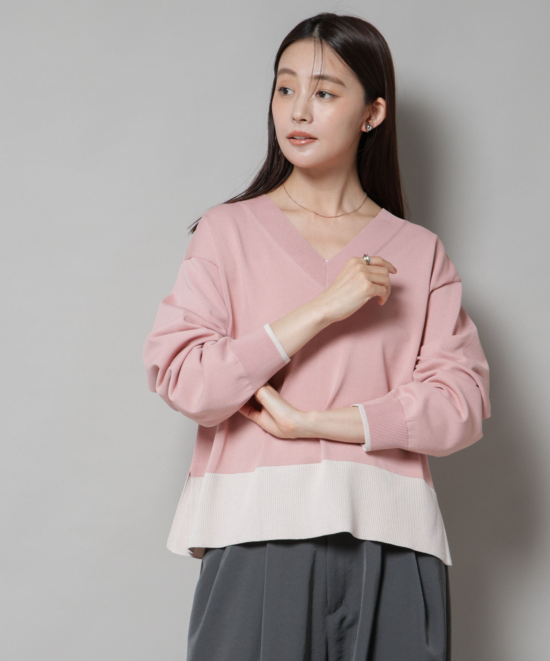 nano･universe「洗濯機洗可前後2way配色ニット」|ニット・セーター|ピンク