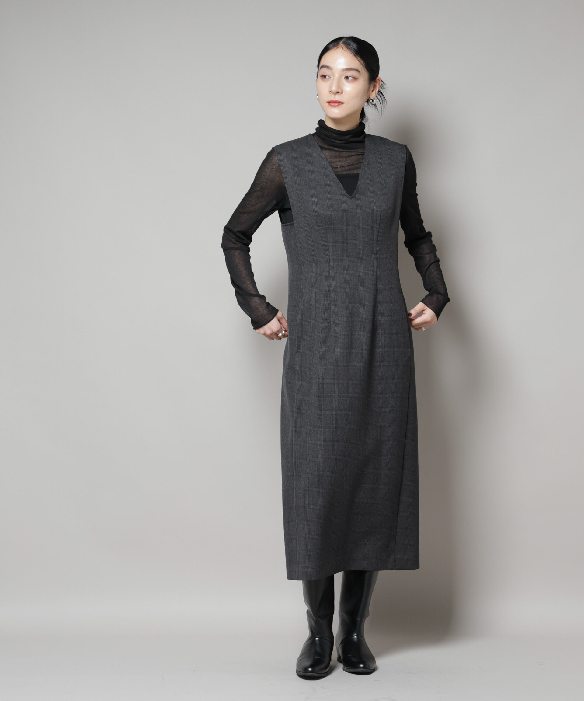 nano･universe「ストレッチサージチェックVネックワンピース(セットアップ可)」|ワンピース|