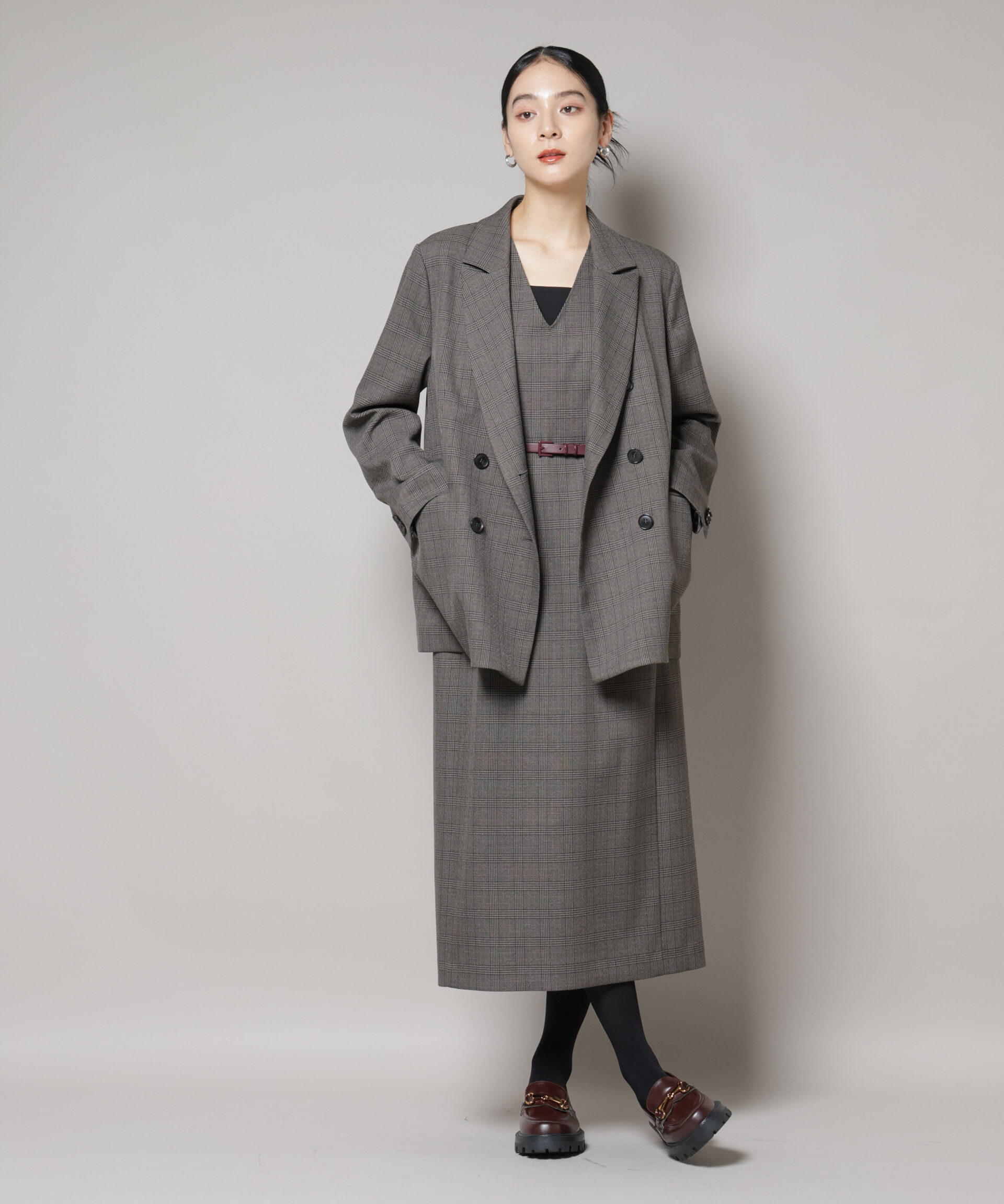 nano･universe「ストレッチサージチェックVネックワンピース(セットアップ可)」|ワンピース|