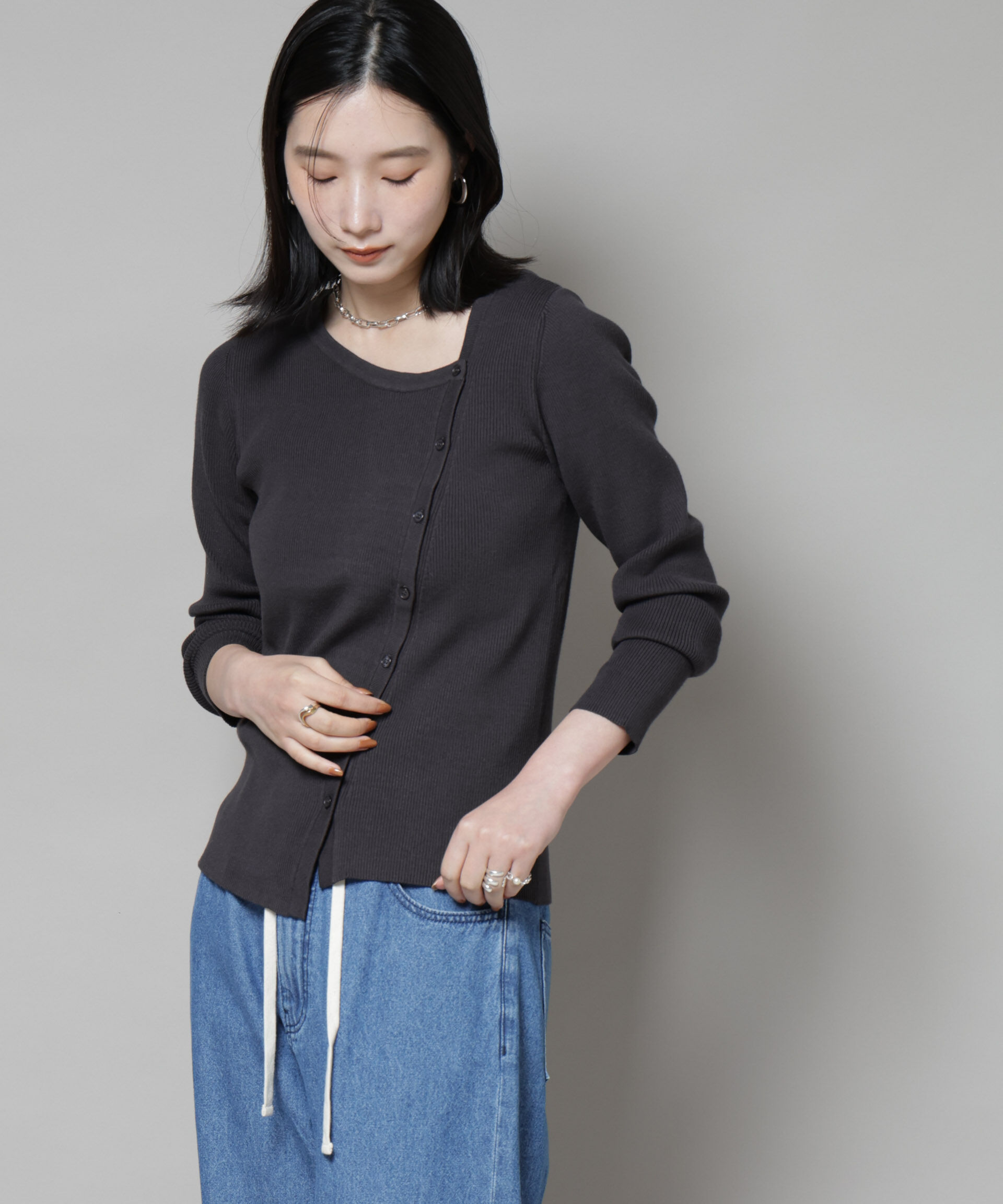 nano･universe「アシメネックデサインリブニットトップス」|ニット・セーター|