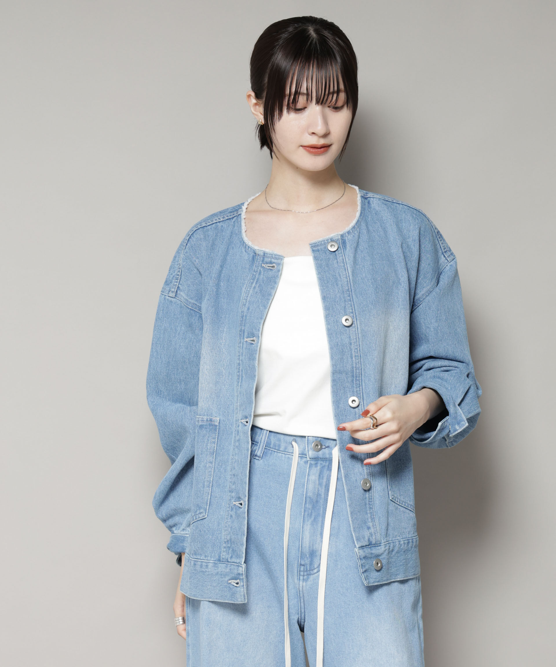nano･universe「ノーカラーデニムジャケット」|テーラードジャケット|