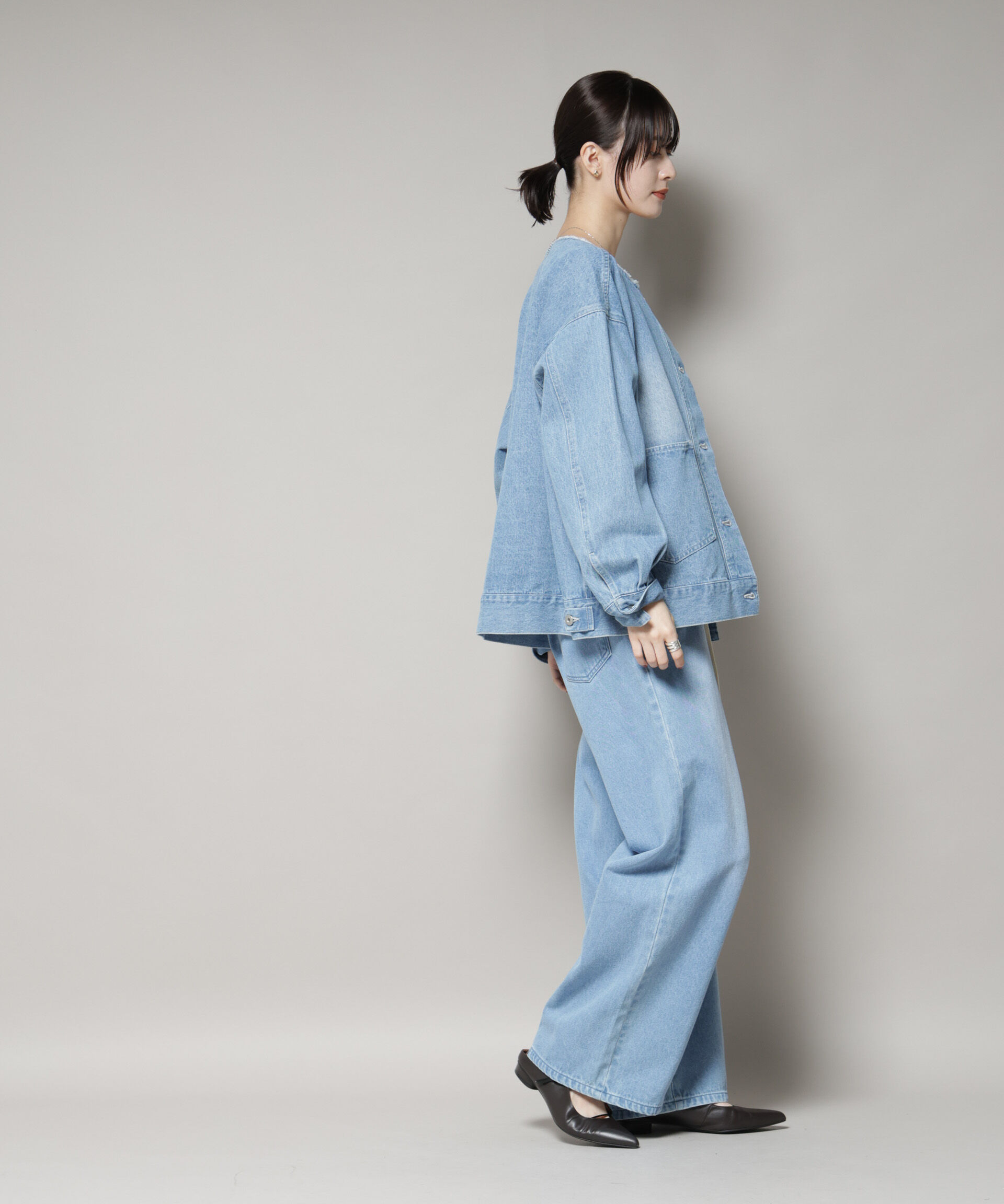 nano･universe「ノーカラーデニムジャケット」|テーラードジャケット|