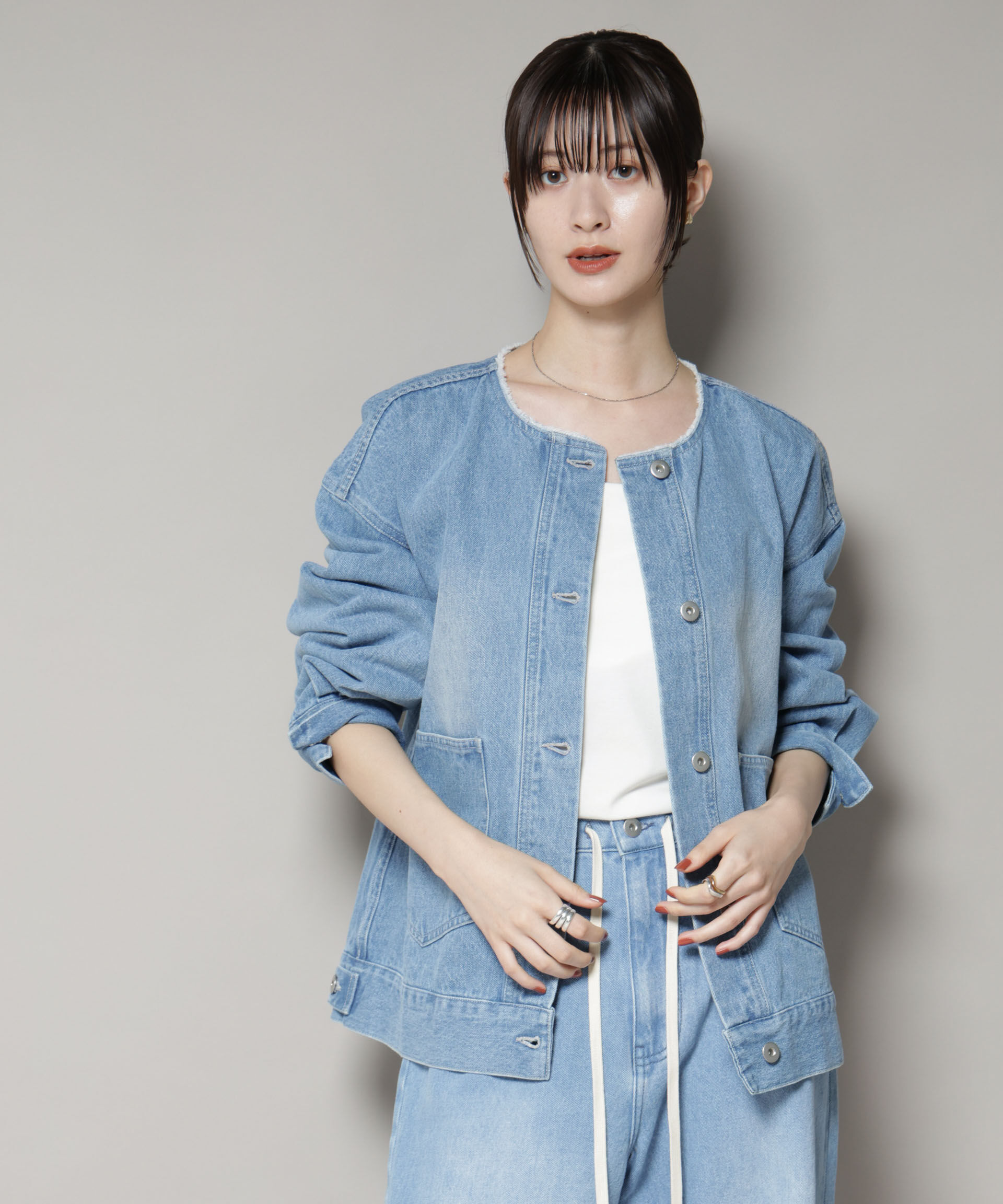 nano･universe「ノーカラーデニムジャケット」|テーラードジャケット|