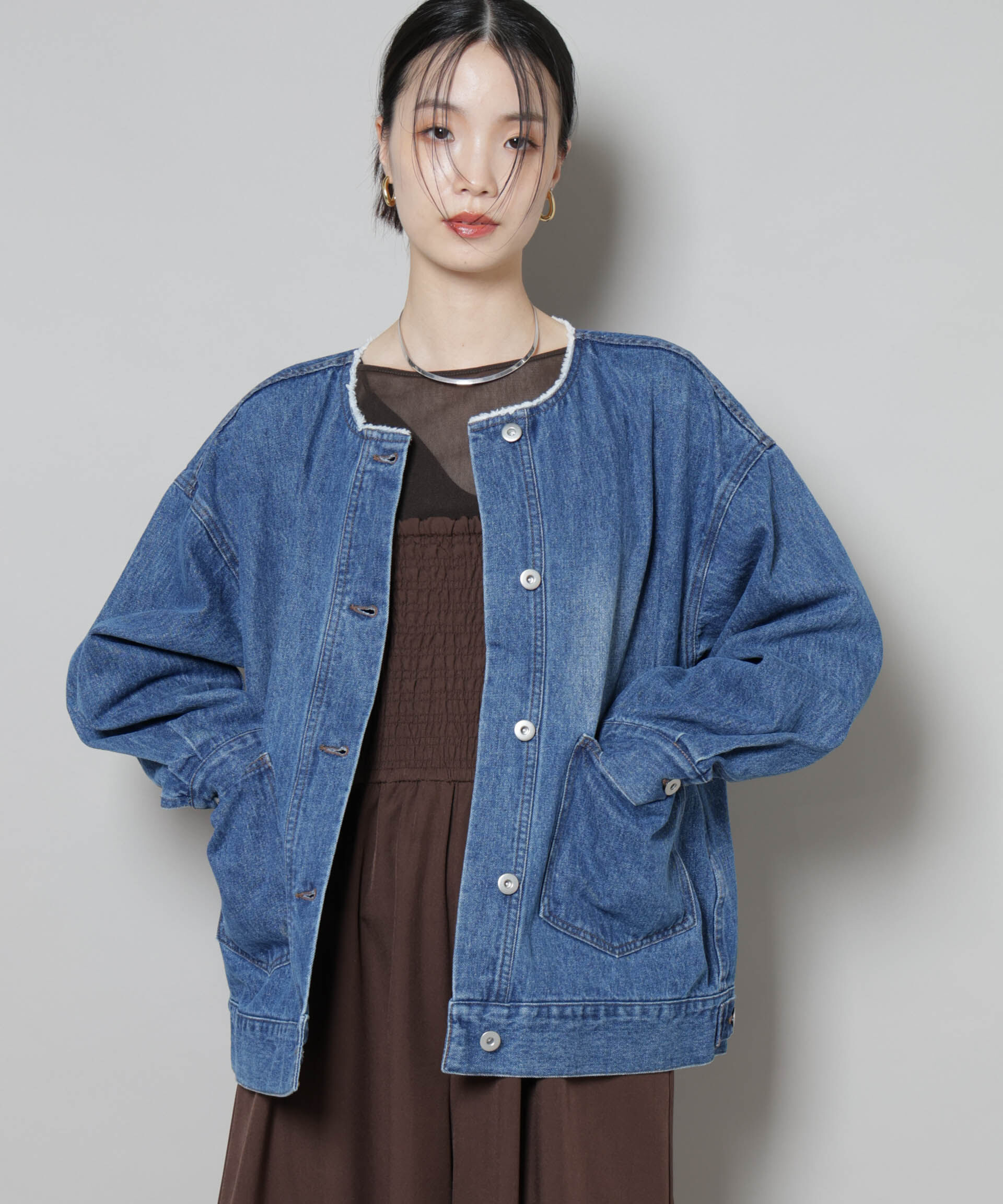 nano･universe「ノーカラーデニムジャケット」|テーラードジャケット|