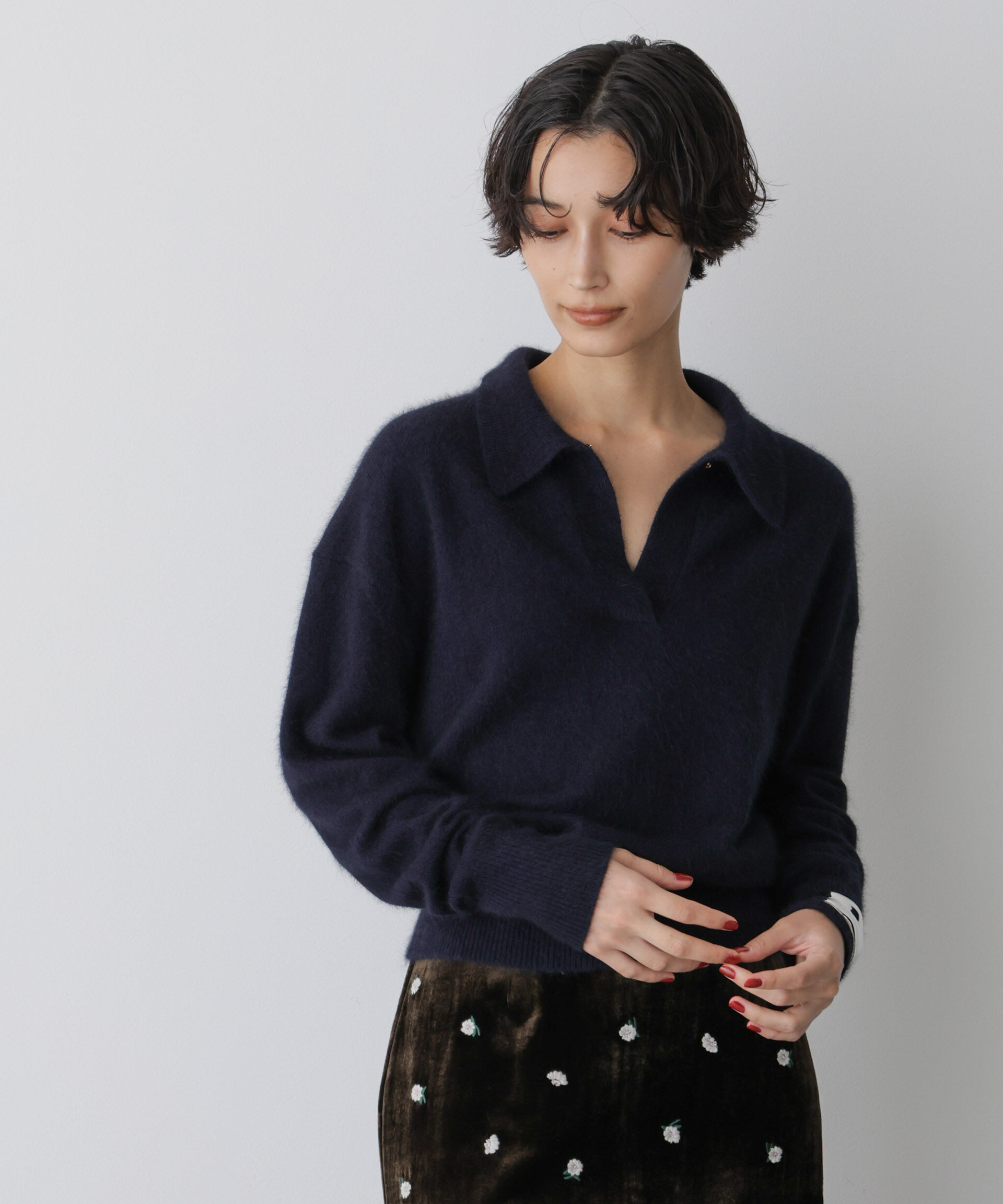  「「STEVELOUR」スキッパーポロ衿ソフトタッチニット」|ニット・セーター|ネイビー