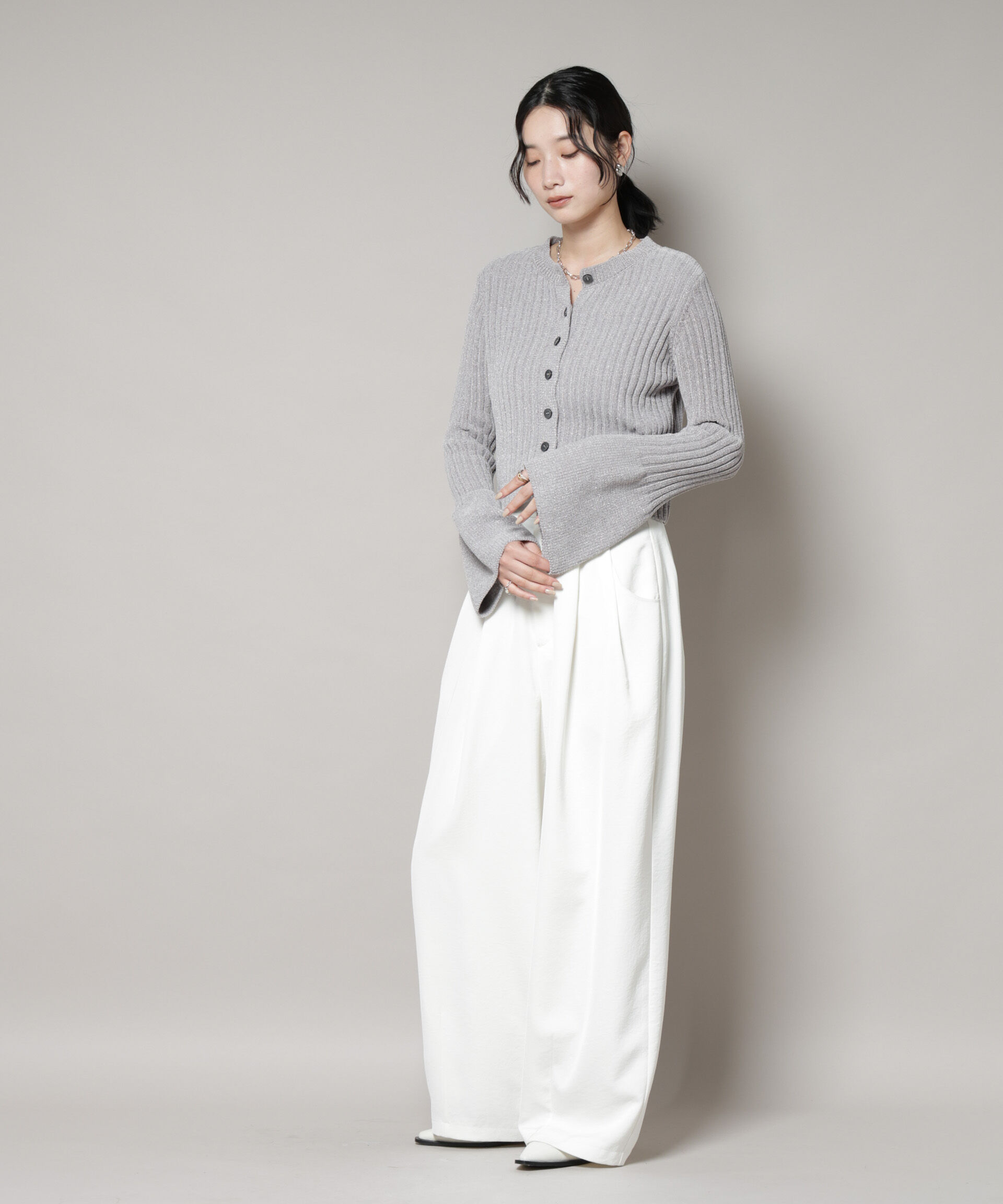 nano･universe「ラメモールワイドリブ前後2WAYフレアスリーブニット(セットアップ可)」|ニット・セーター|