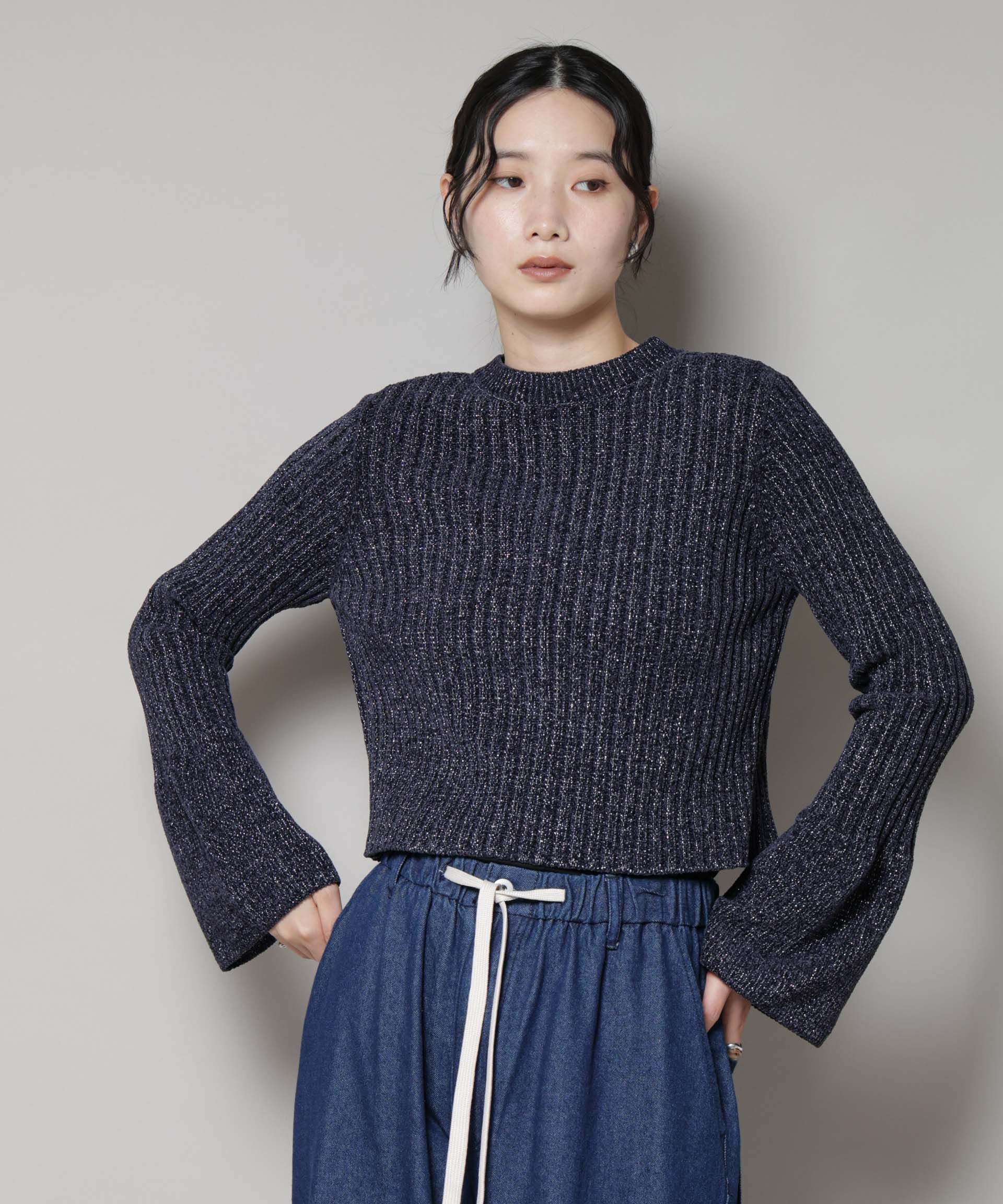 nano･universe「ラメモールワイドリブ前後2WAYフレアスリーブニット(セットアップ可)」|ニット・セーター|