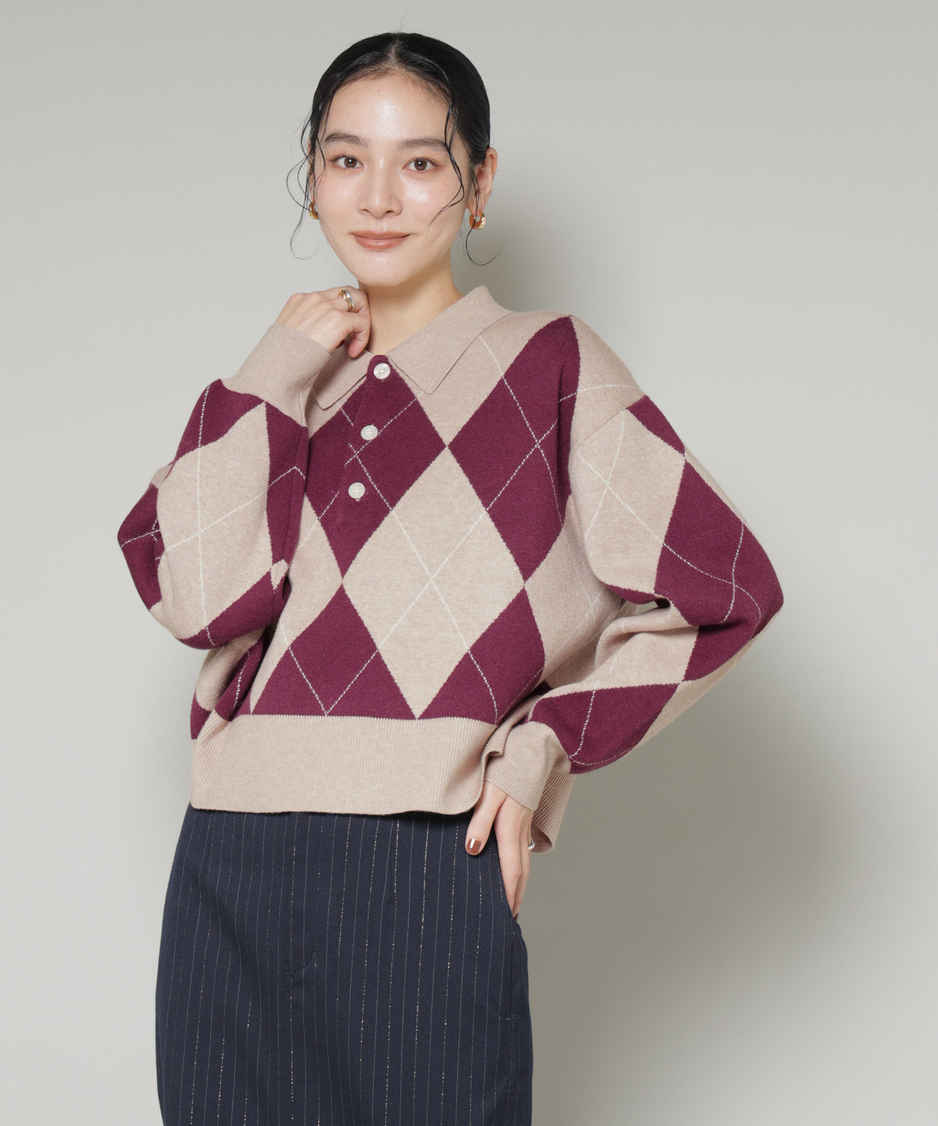 nano･universe「アーガイルワイドポロニット」|ニット・セーター|ベージュ