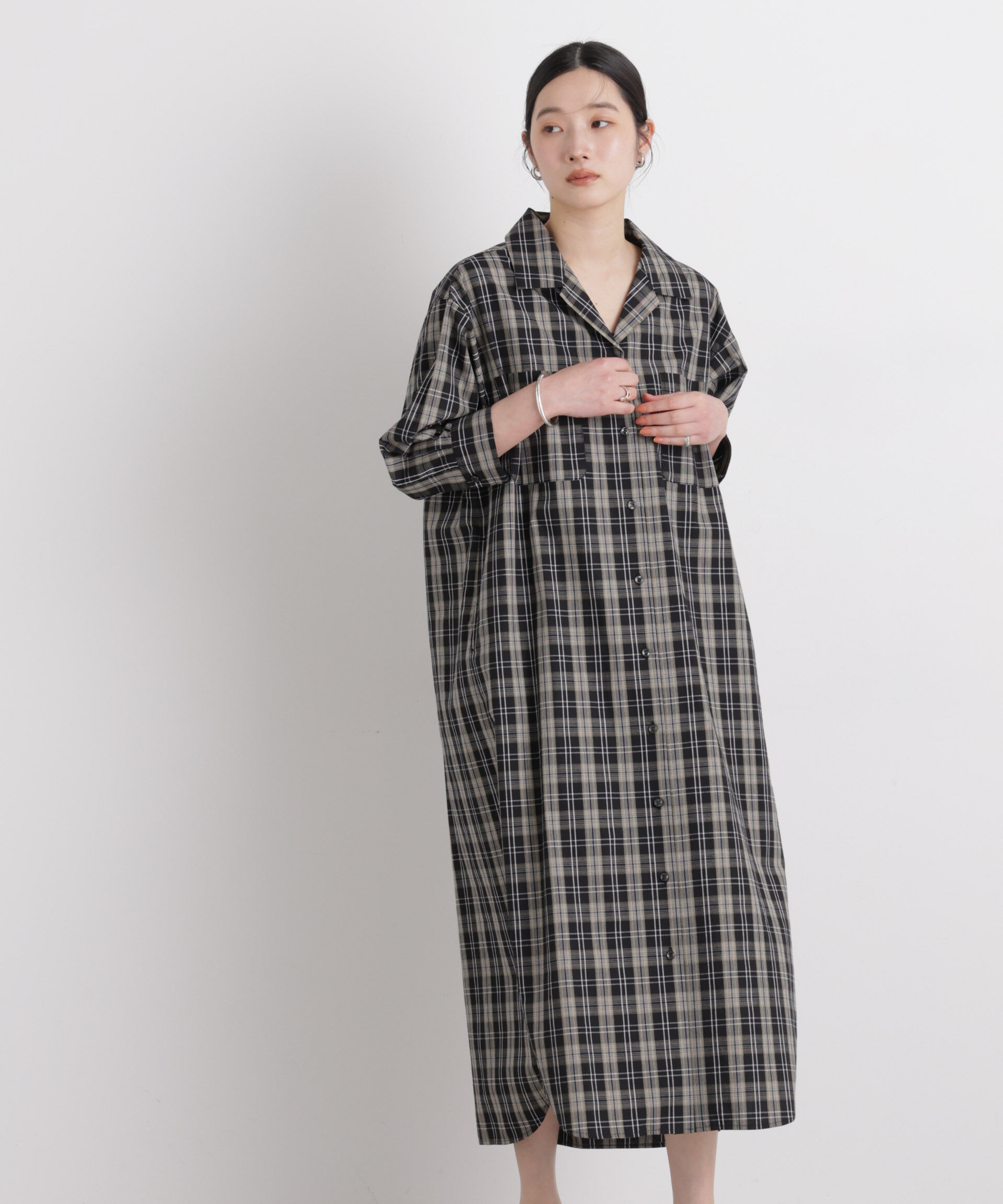 nano･universe「チェックポケットワイドシャツワンピース」|ワンピース|